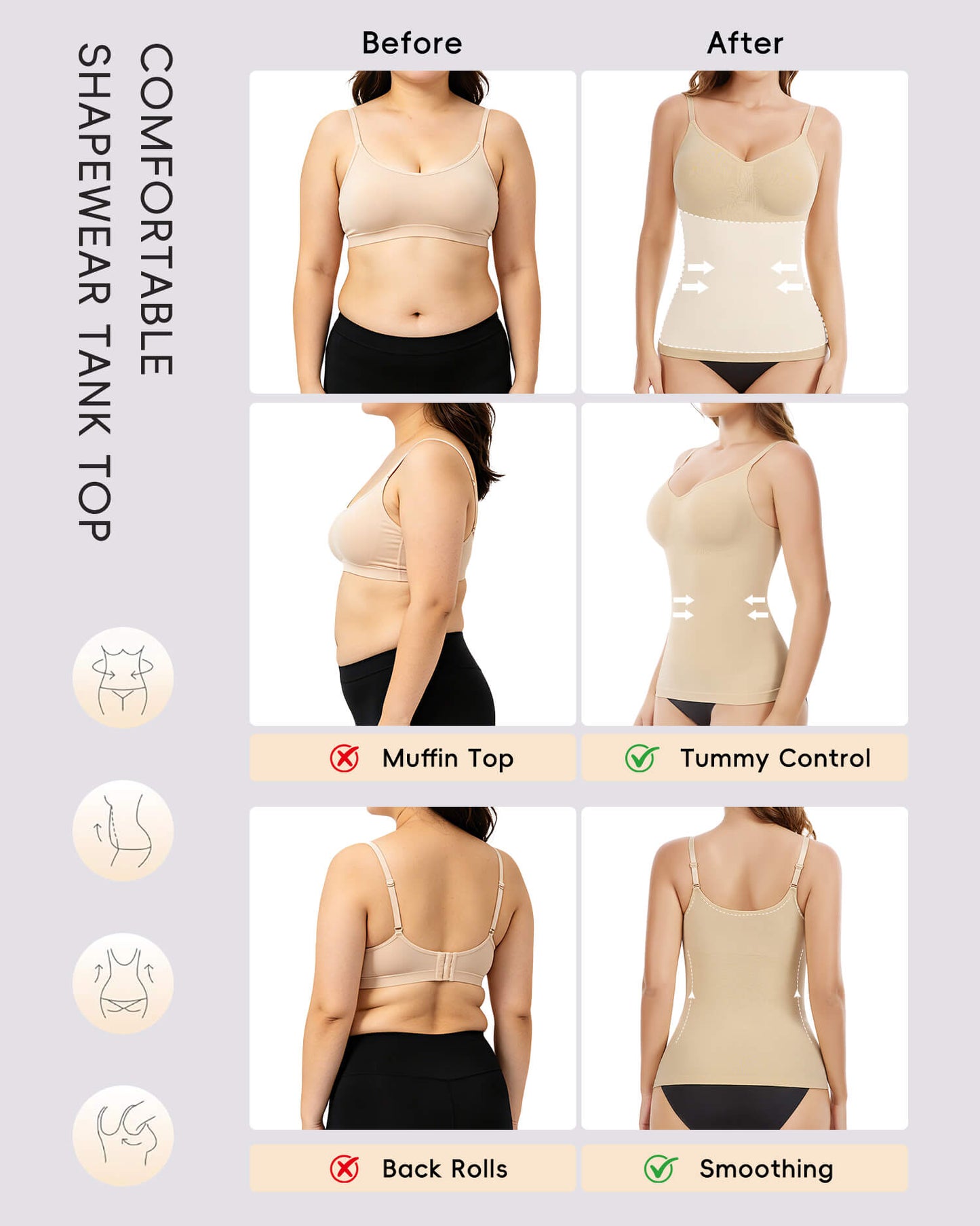 MANIFIQUE Shapewear Cami for Women - Waist Shaping Top, Seamless Compression V Neck Camisole