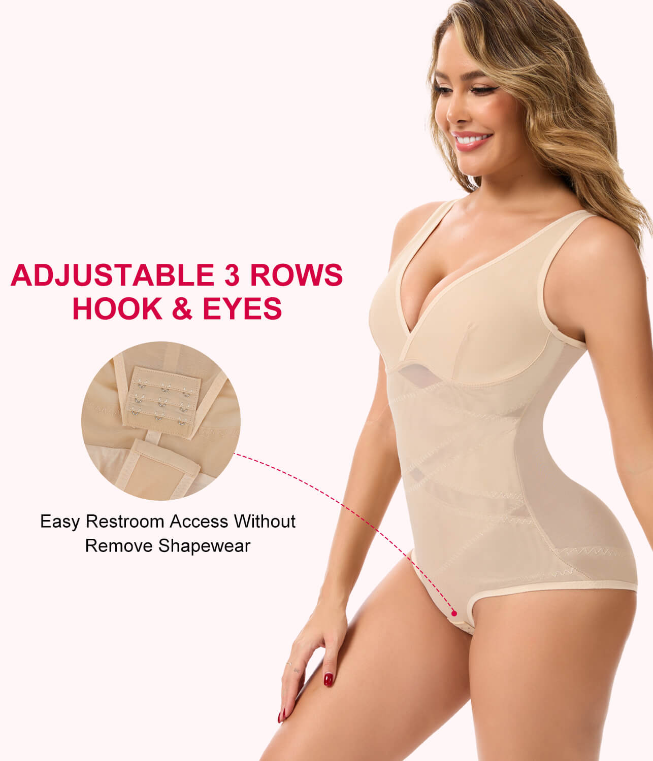 Vaslanda Shapewear Bodysuits for Women Tummy Control Faja Body Shaper Waist Trainer V Neck Body Suit with Built in Bra