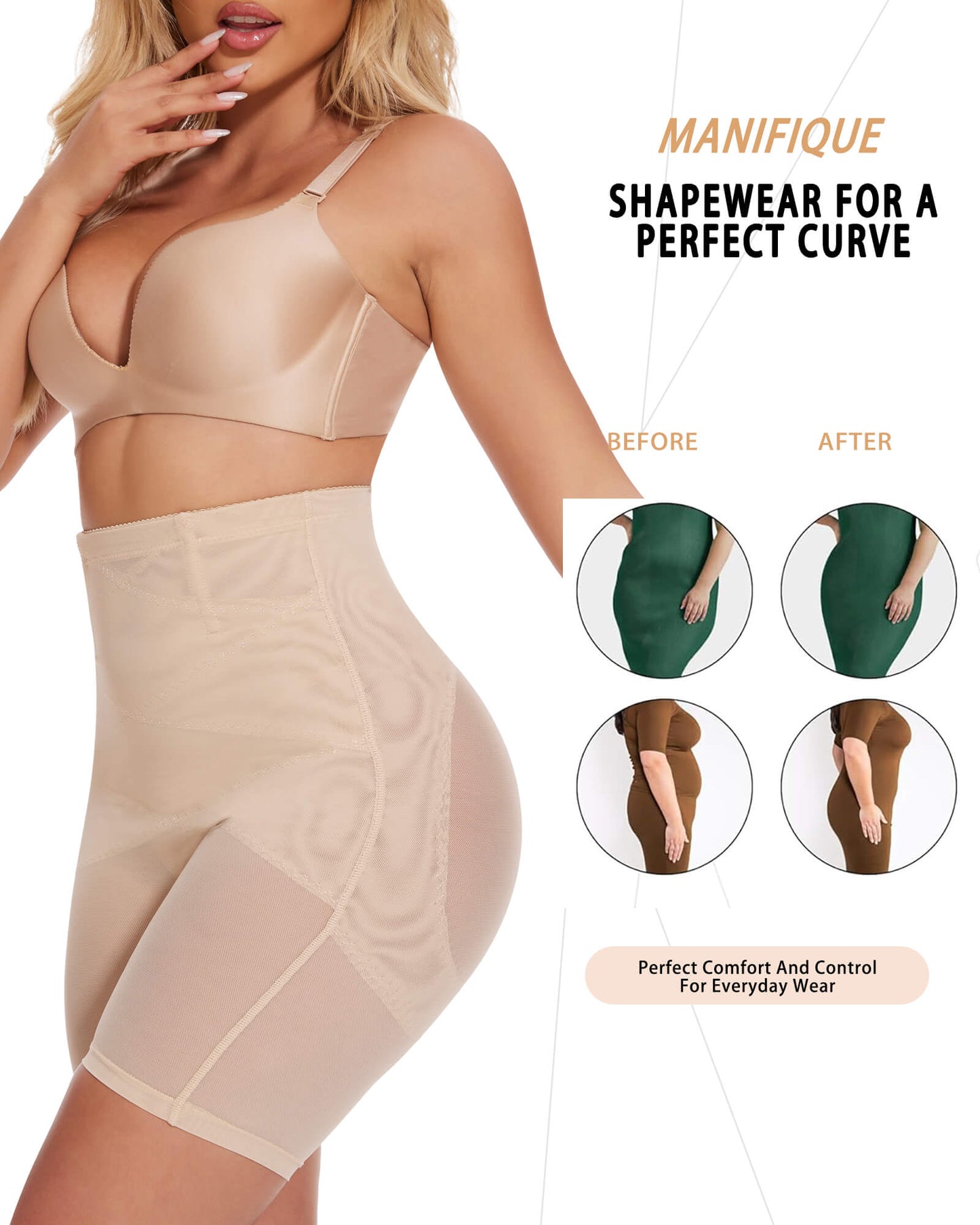 MANIFIQUE Shapewear for Women Tummy Control, High Waisted Body Shaper Shorts Butt Lifting Panties Thigh Slimmer Girdle