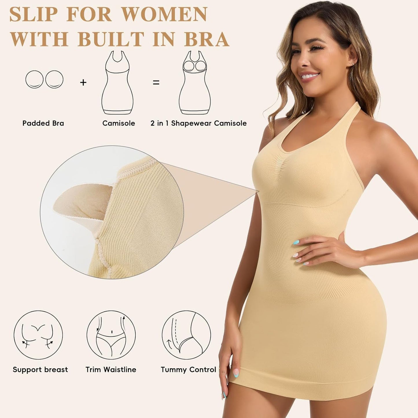 MANIFIQUE Shapewear Slip Dress with Built in Bra for Women V-Neck Halter Tummy Control Full Slips Convertible straps