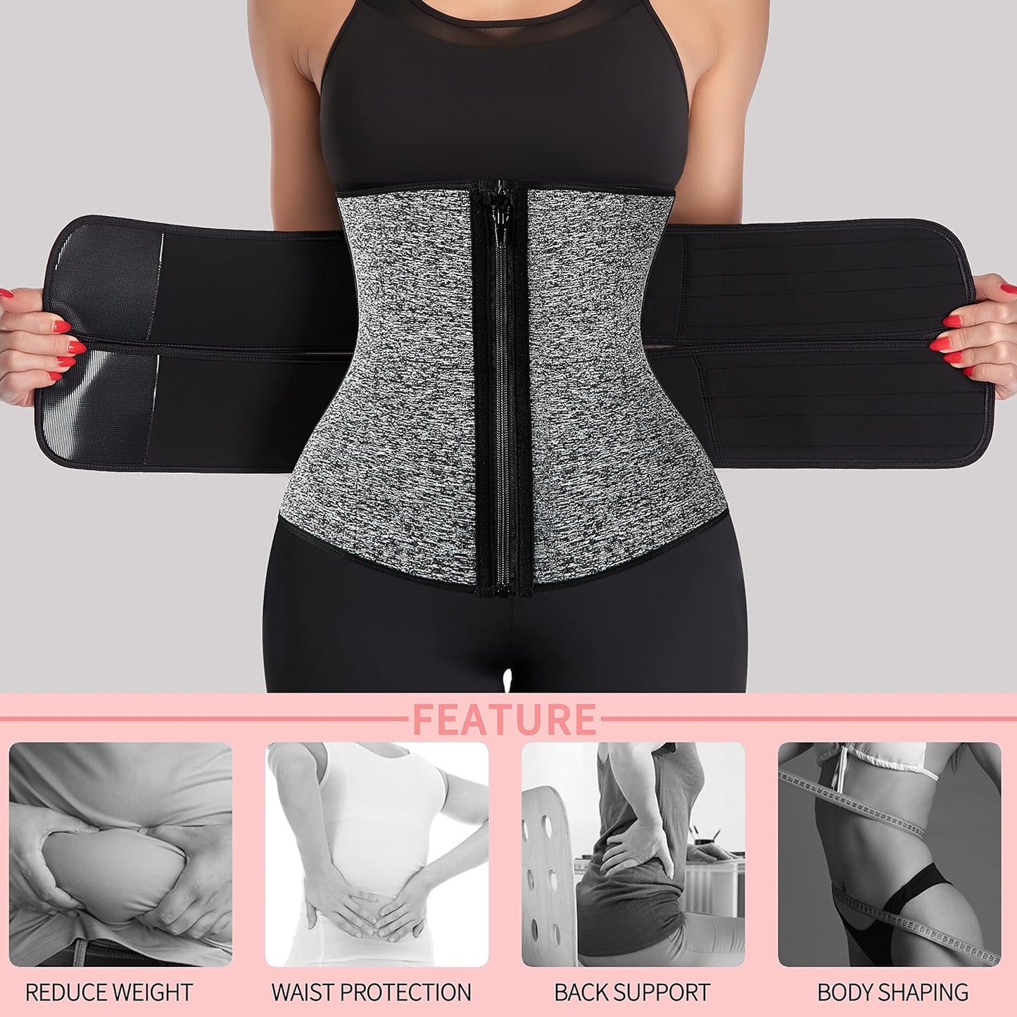 MANIFIQUE Waist Trainer for Women Belly Band Long Torso Sauna Workout 2 Belt With Zipper 9 Steel Bones Corset