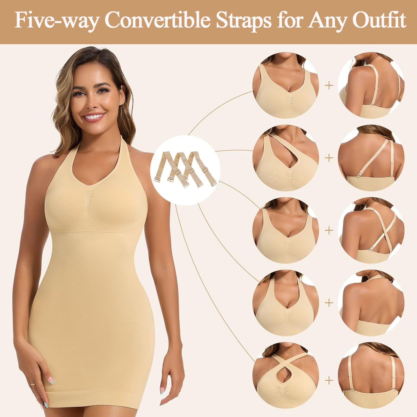 MANIFIQUE Shapewear Slip Dress with Built in Bra for Women V-Neck Halter Tummy Control Full Slips Convertible straps