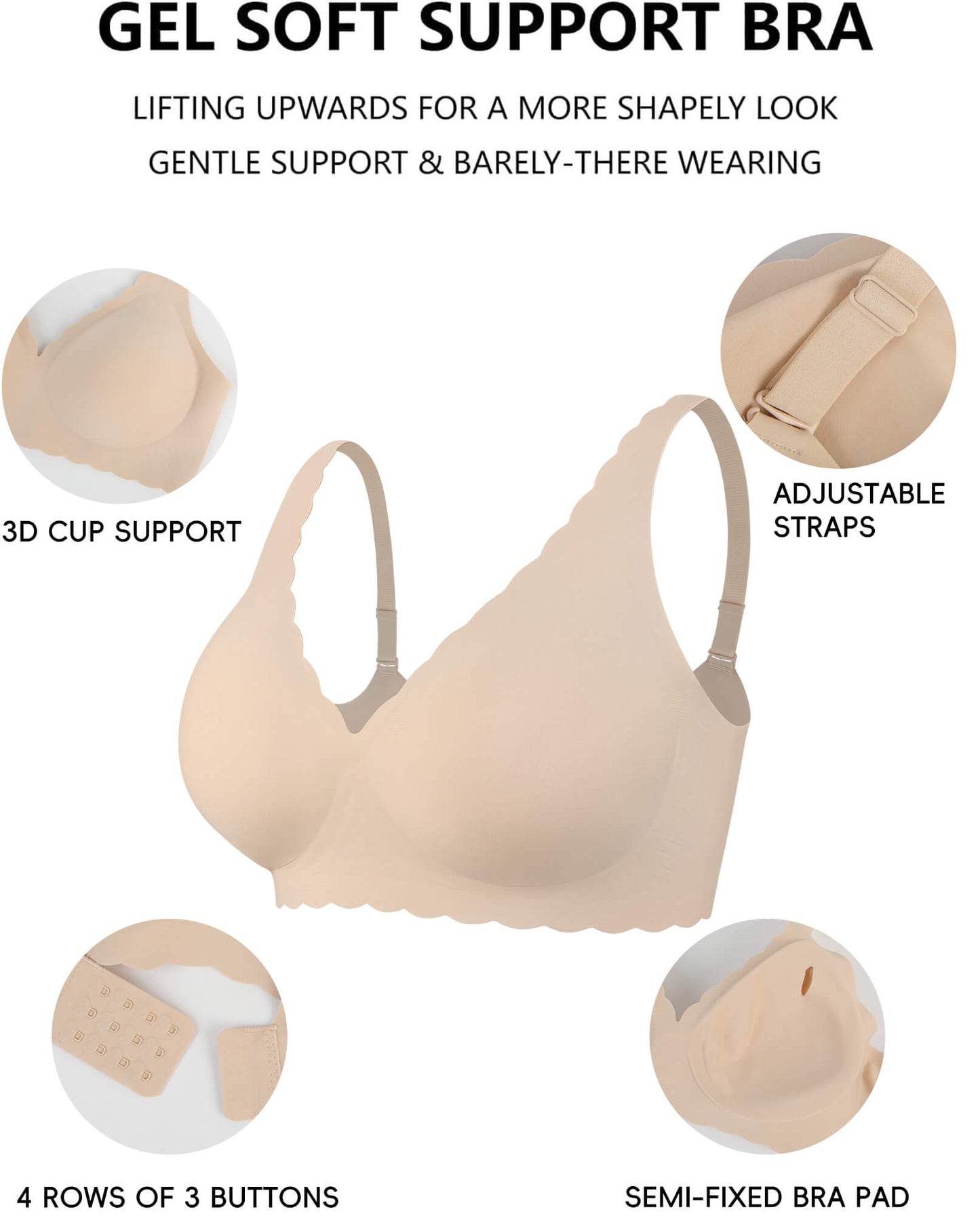 MANIFIQUE Jelly Bras for Women No Underwire Scalloped Push Up Wireless Bralettes Seamless Soft Comfort Everyday Tshirt Bra
