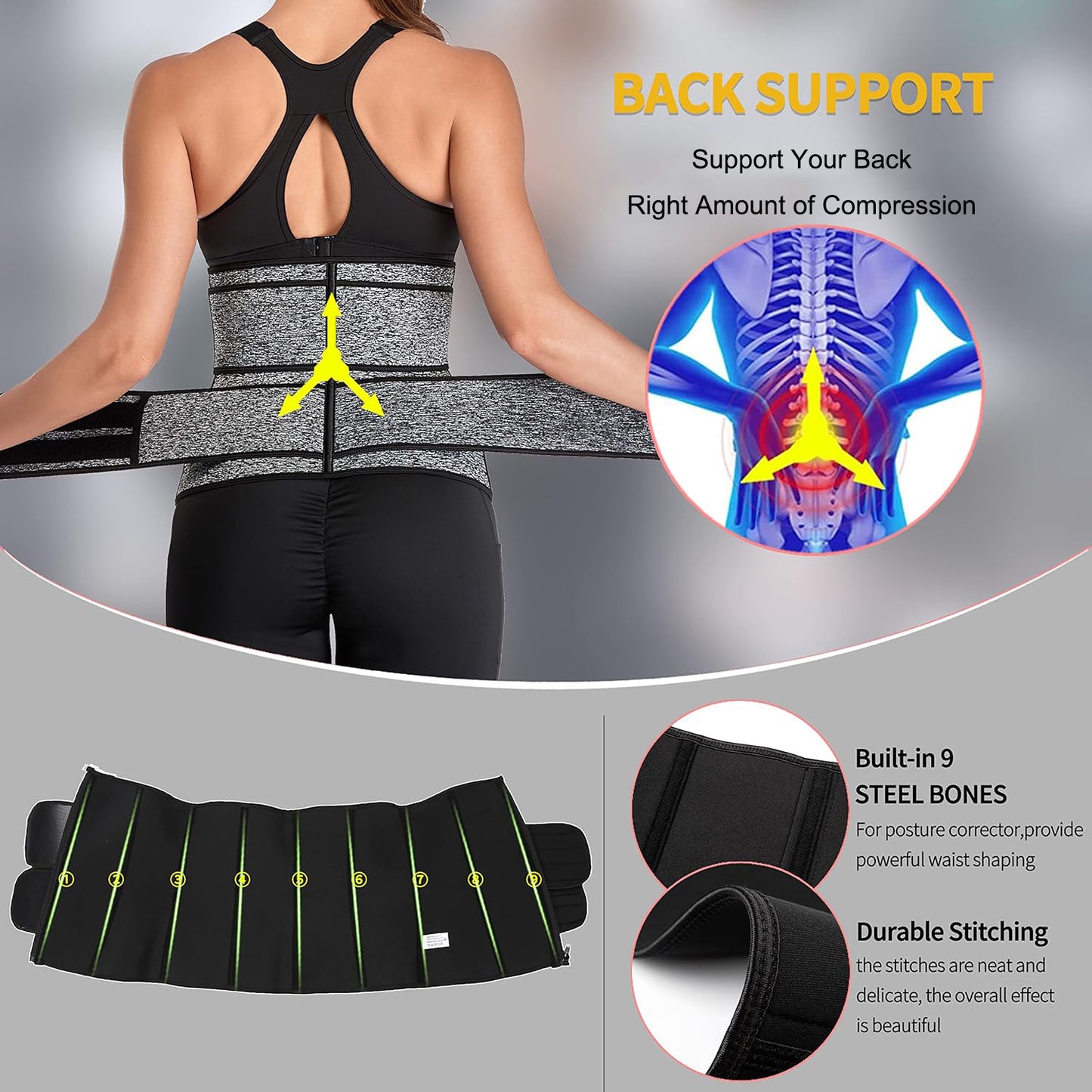 MANIFIQUE Waist Trainer for Women Belly Band Long Torso Sauna Workout 2 Belt With Zipper 9 Steel Bones Corset