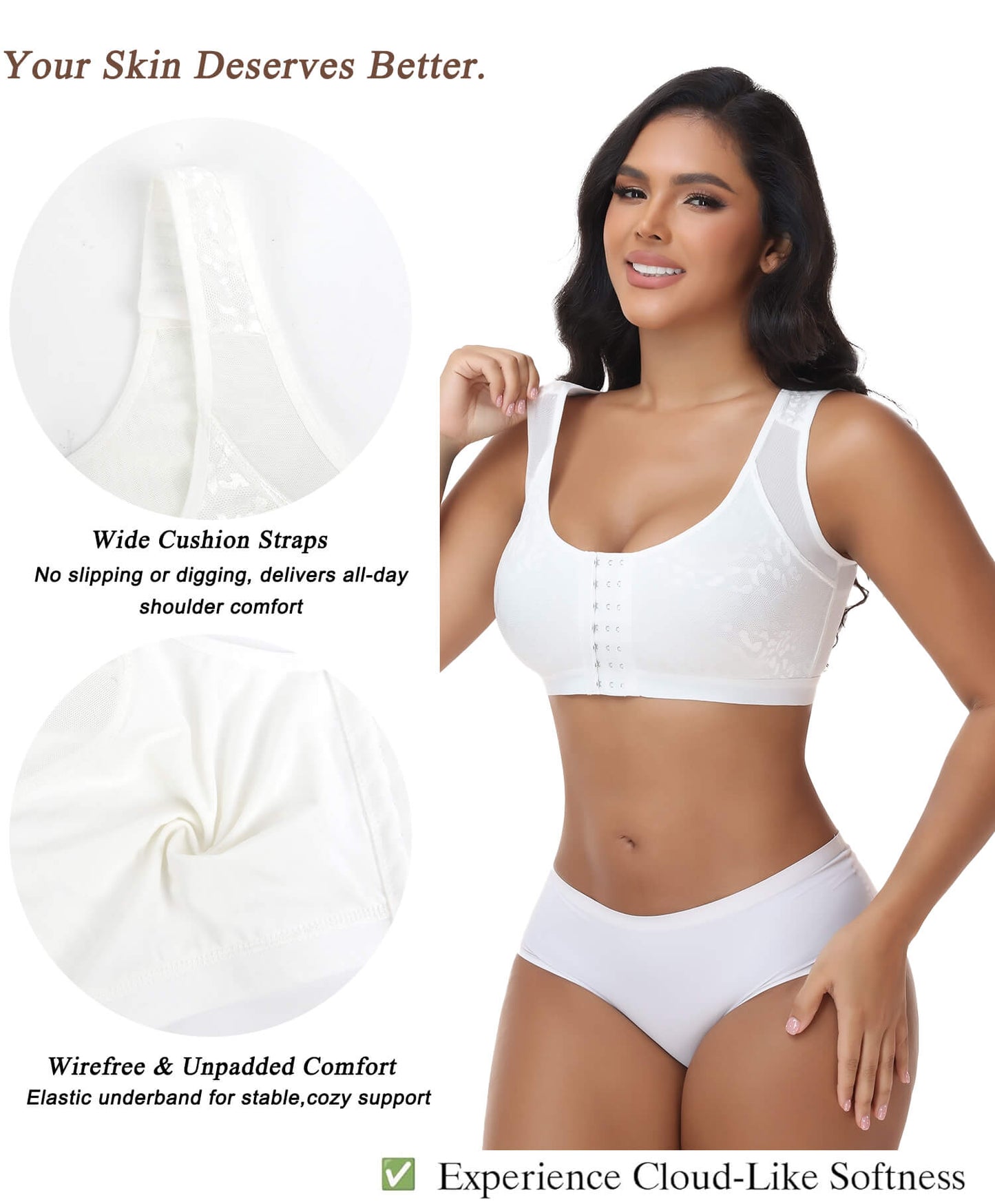 MANIFIQUE Women's Full Figure Front Closure Wirefree Jacquard Back Support Posture Bra