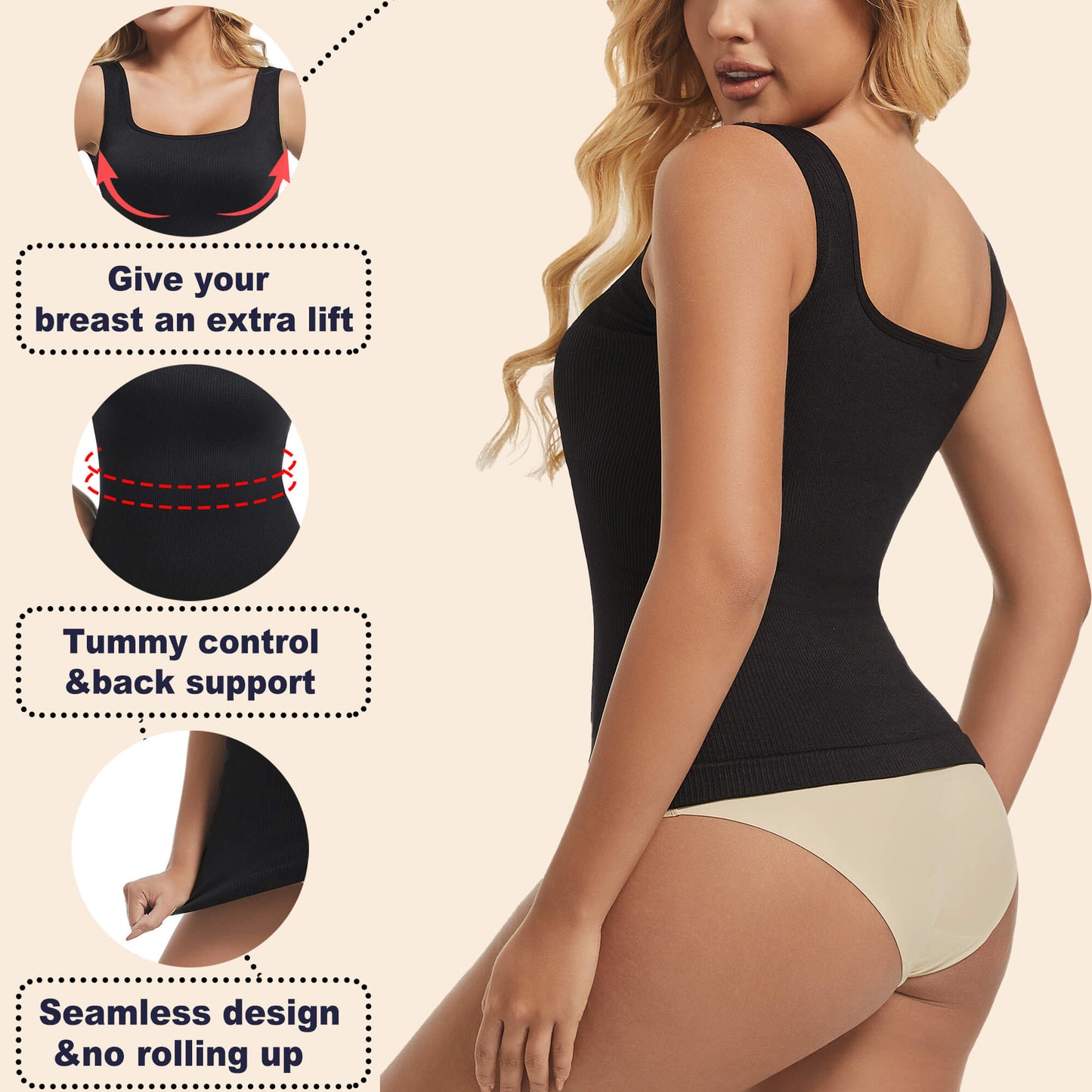 ANYFIT WEAR Women's Square Neck Tummy Control Shapewear Ribbed Tank Tops Compression Camisole Slimming Body Shaper