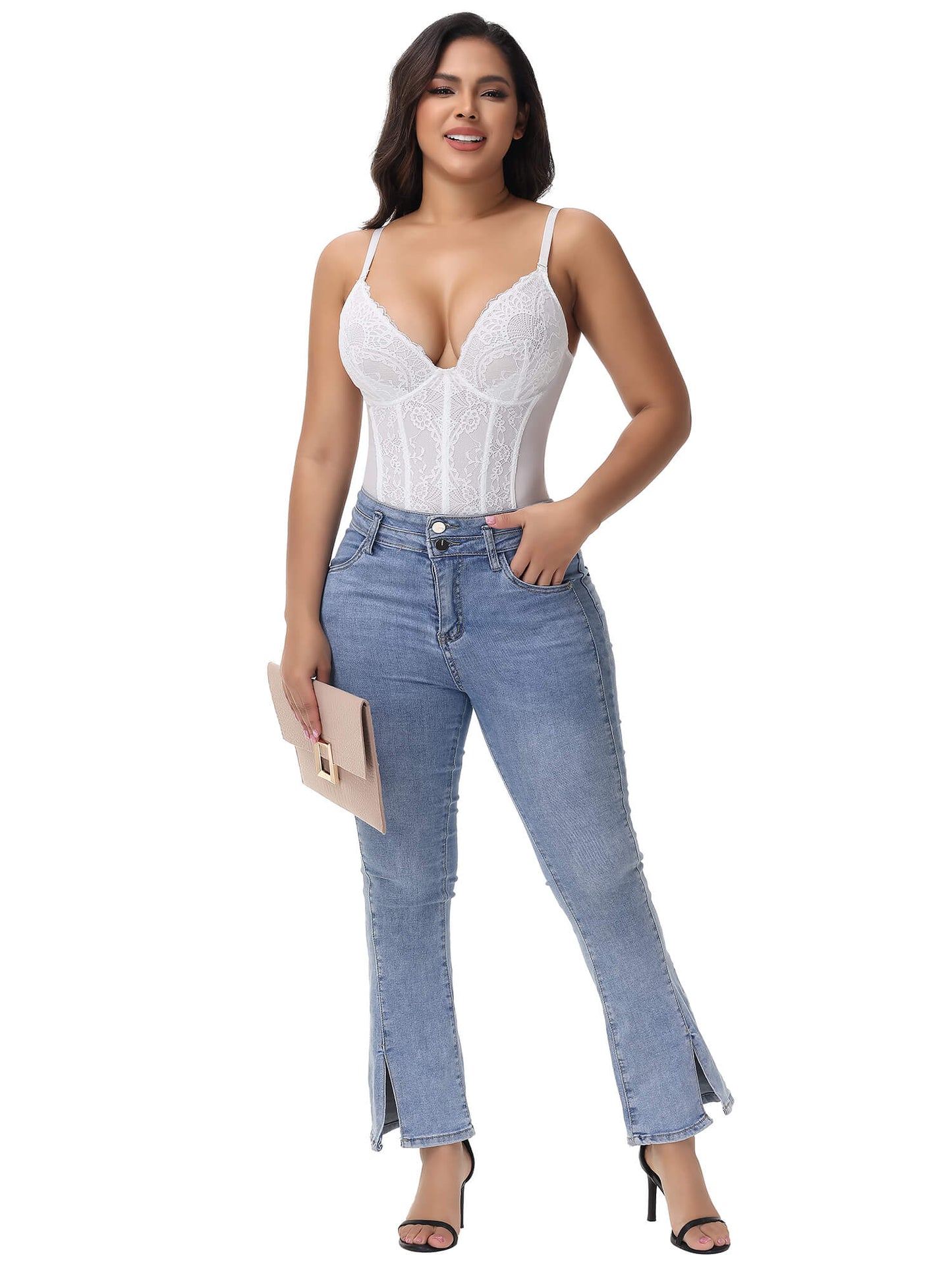 MANIFIQUE Corset Bodysuit Built in Bra - V Neck Bodysuits for Women Tummy Control Shapewear