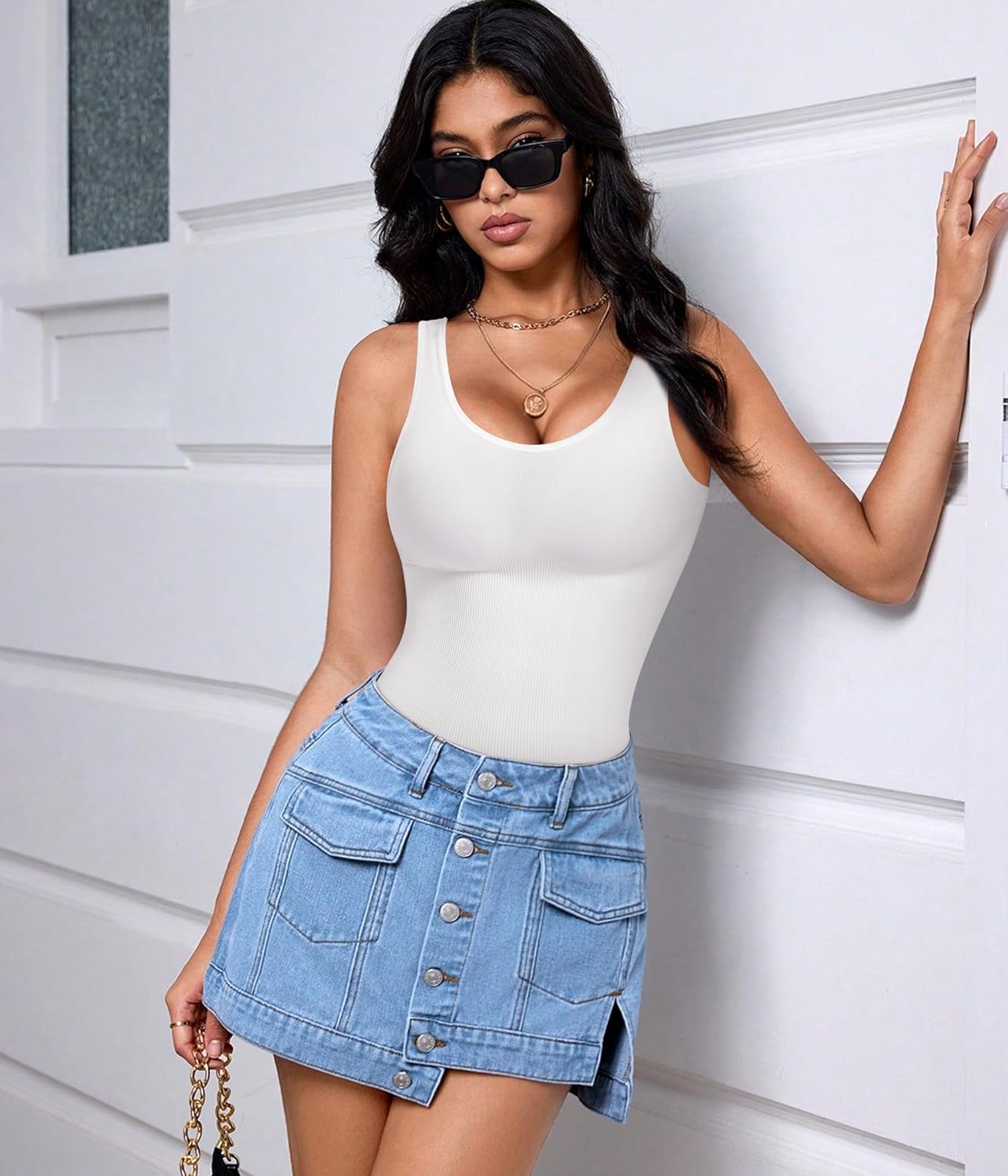 MANIFIQUE 2 Piece Shapewear Bodysuit for Women Tummy Control Slim Fit Sleeveless Round Neck Body Suit