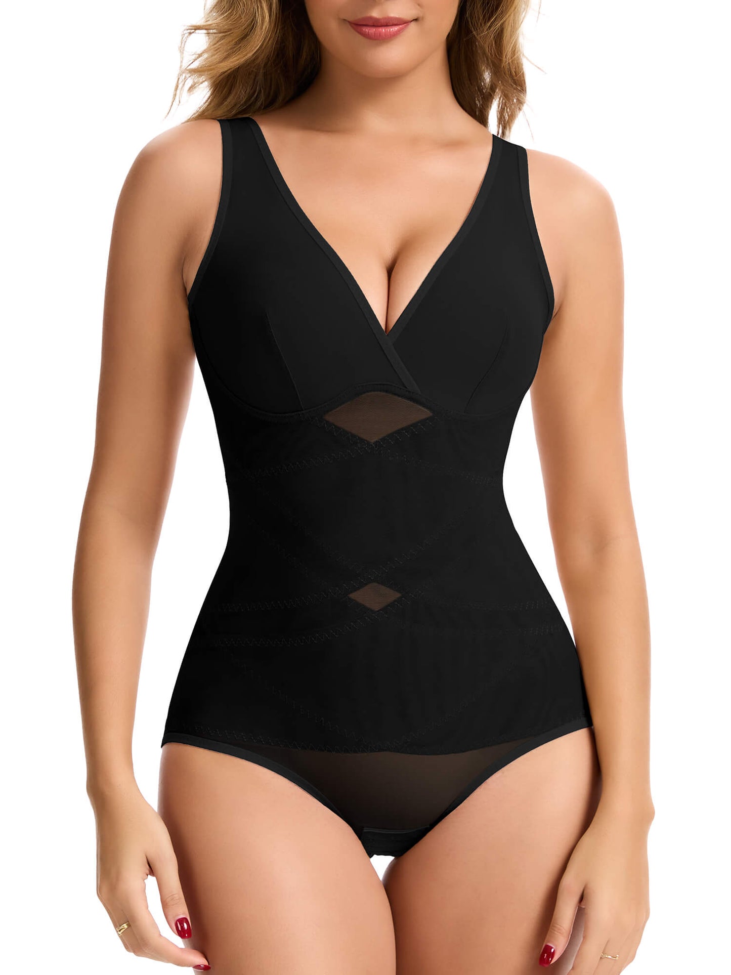 Vaslanda Shapewear Bodysuits for Women Tummy Control Faja Body Shaper Waist Trainer V Neck Body Suit with Built in Bra