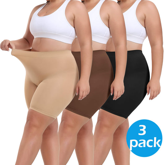 MANIFIQUE 3 Packs Plus Size Slip Shorts for Women Under Dress High Waisted Smoothing Shapewear Shorts
