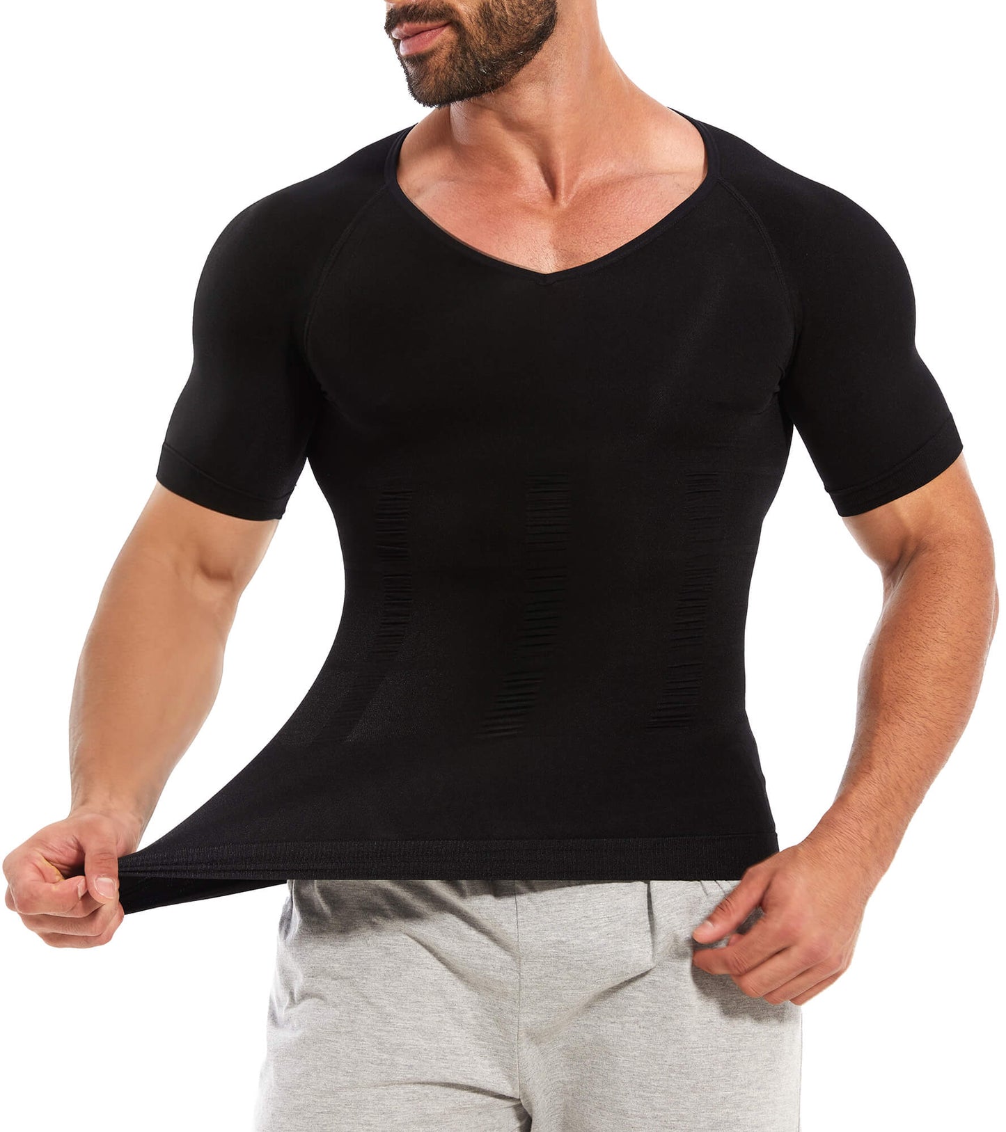 MANIFIQUE Gynecomastia Compression Shirts for Men, Shapewear Slimming Body Shaper Undershirt, V-Neck Baselayer T-Shirt Workout