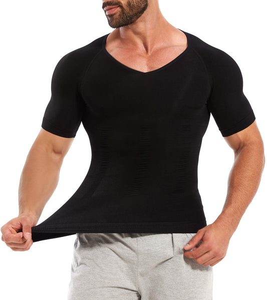 MANIFIQUE Gynecomastia Compression Shirts for Men, Shapewear Slimming Body Shaper Undershirt, V-Neck Baselayer T-Shirt Workout