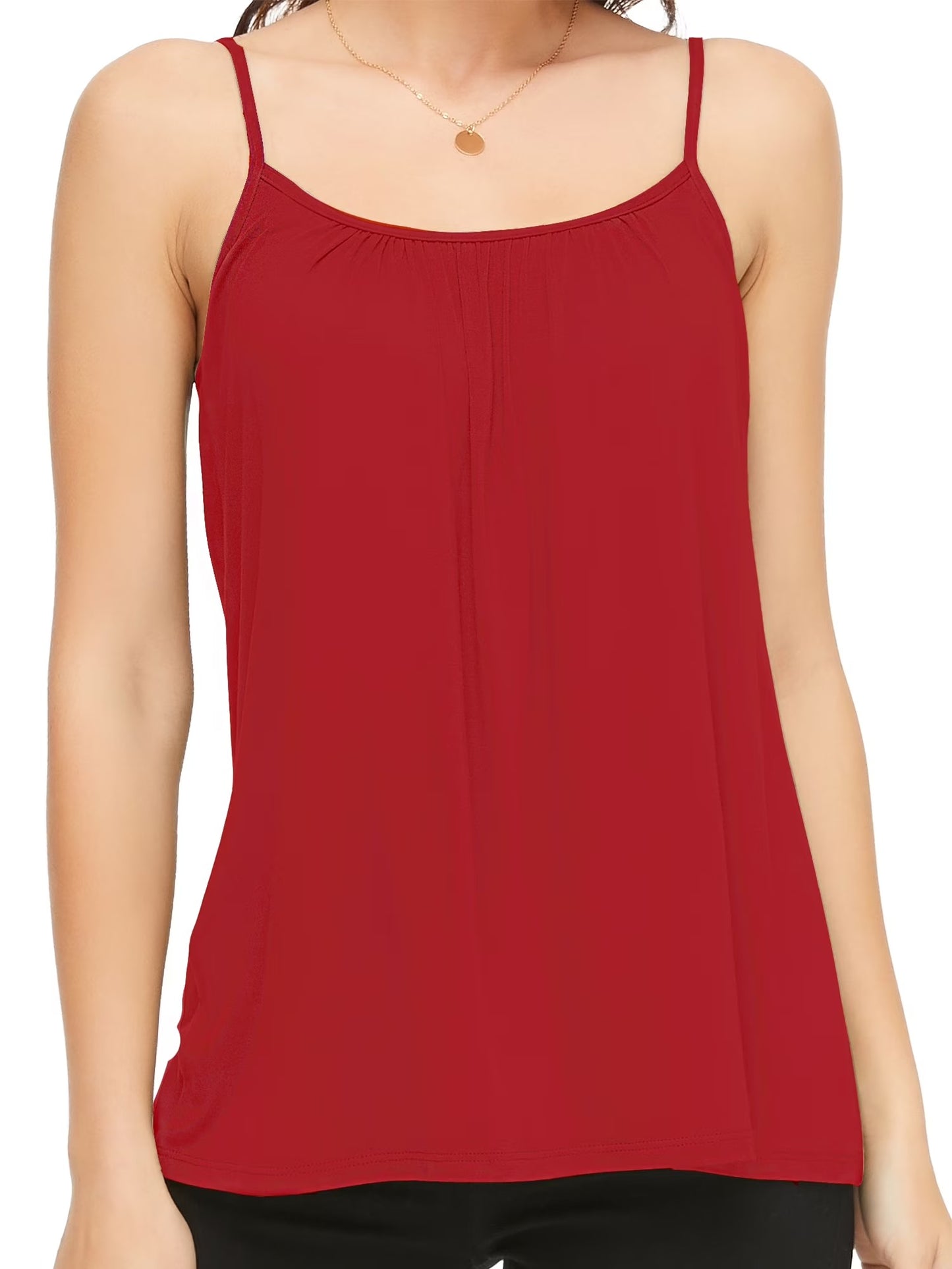 QRIC Women's Basic Solid Cami with Built-in Shelf Bra Flowy Swing Pleated Camisole With Adjustable Straps (S-4XL)