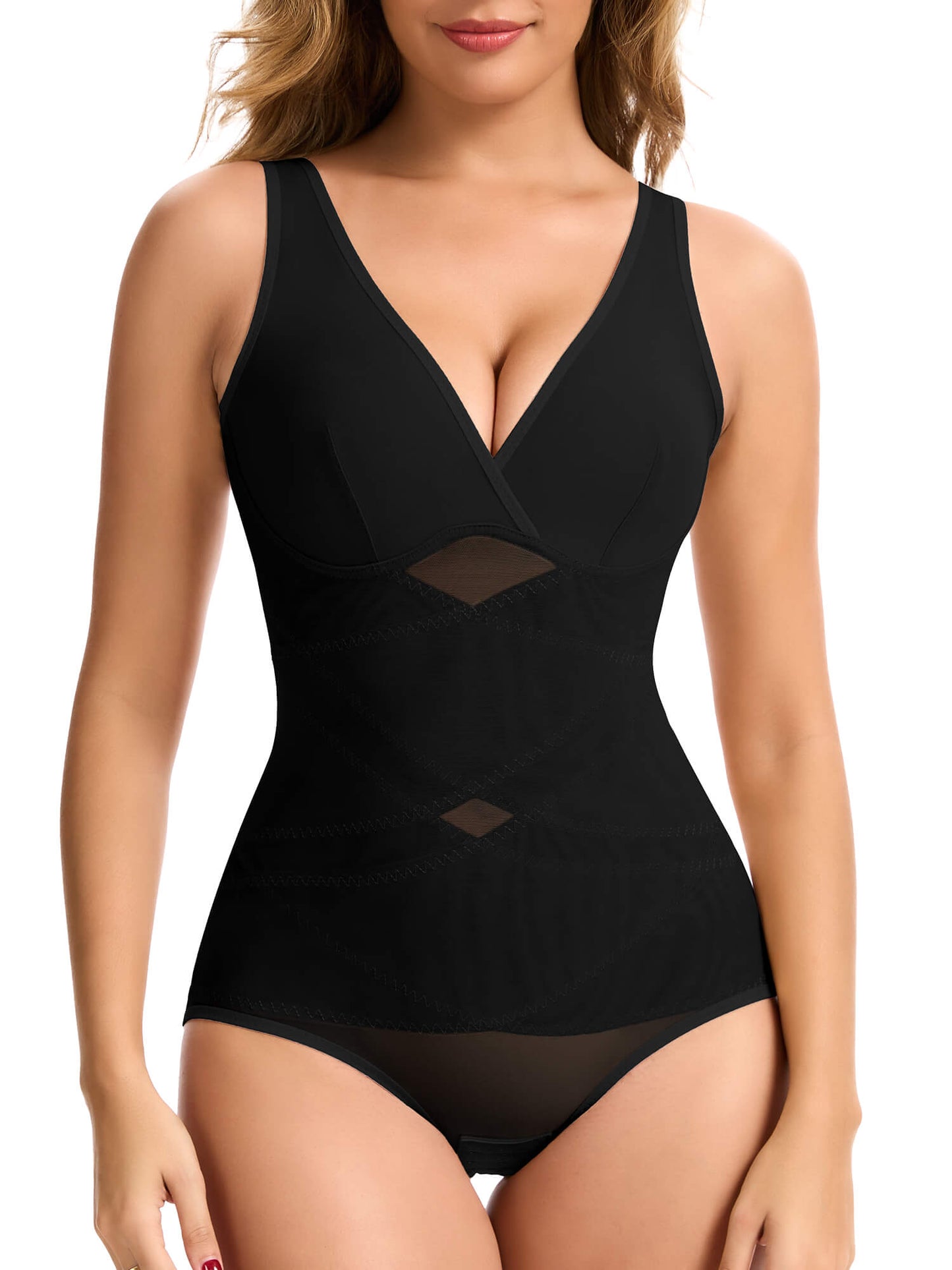 MANIFIQUE Shapewear for Women Tummy Control Bodysuit Faja Body Shaper Waist Trainer V Neck Body Suit with Built in Bra
