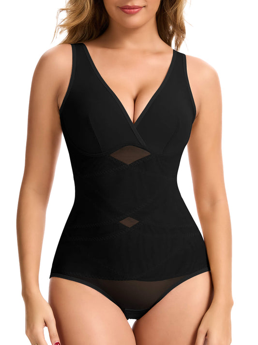 MANIFIQUE Shapewear for Women Tummy Control Bodysuit Faja Body Shaper Waist Trainer V Neck Body Suit with Built in Bra