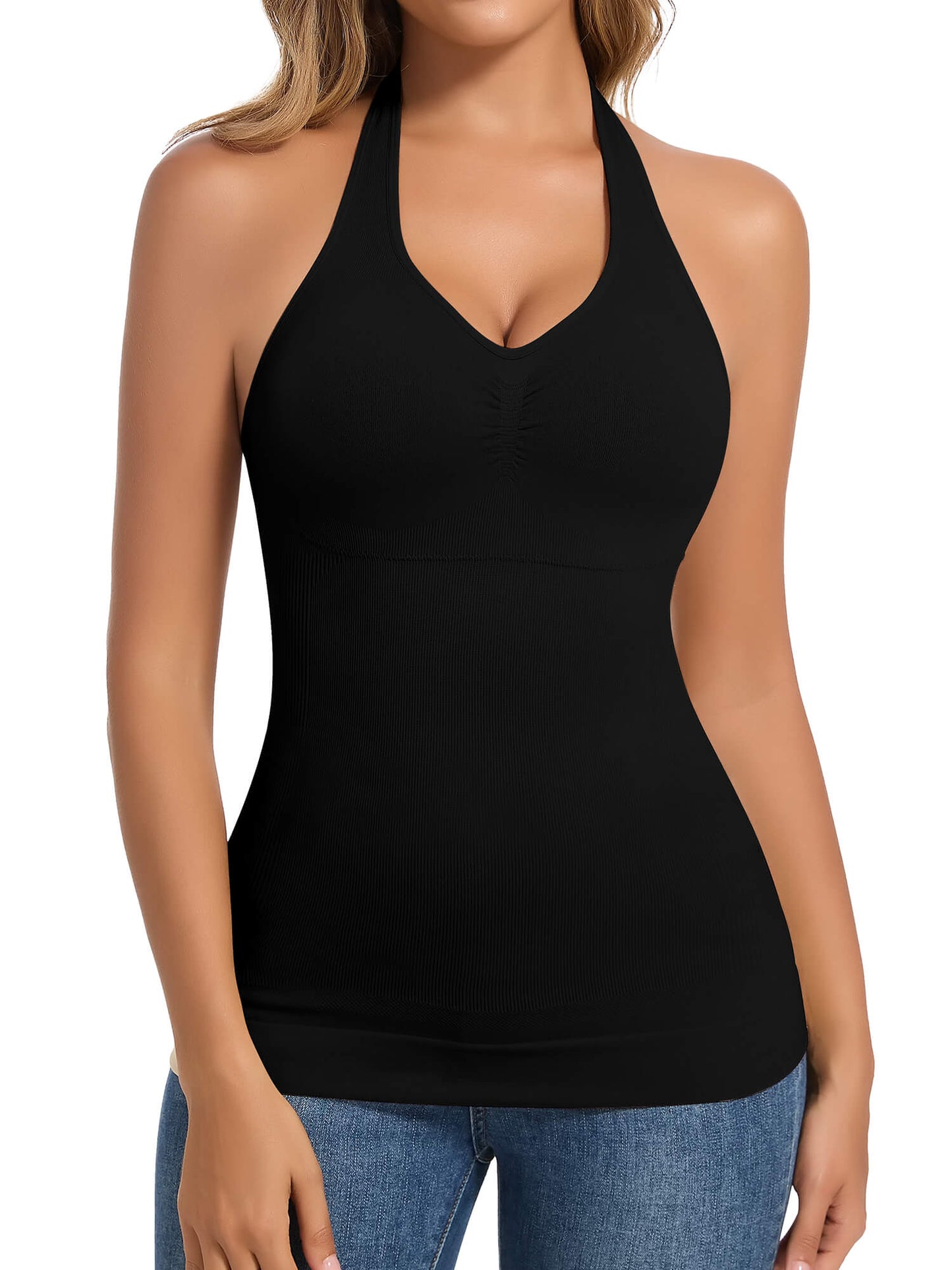 MANIFIQUE Halter Tops for Women with Built in Bras V Neck Slim Fit Cami Backless Trendy Going Out Tops