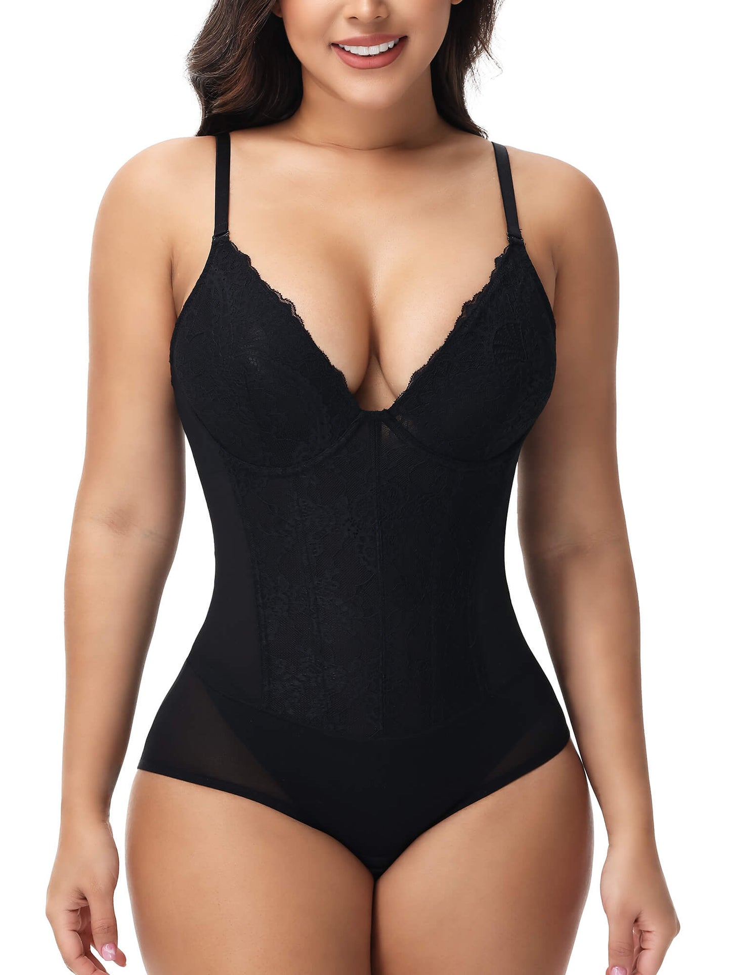 MANIFIQUE Corset Bodysuit Built in Bra - V Neck Bodysuits for Women Tummy Control Shapewear