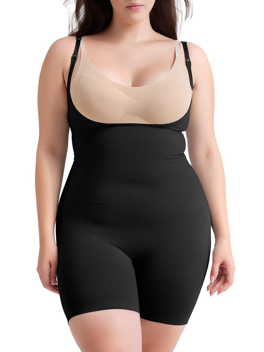 MANIFIQUE Plus Size Open-Bust Shapewear Tummy Control Mid-Thigh Bodysuit, High-Waist Thigh Slimmer, Shapewear for Women