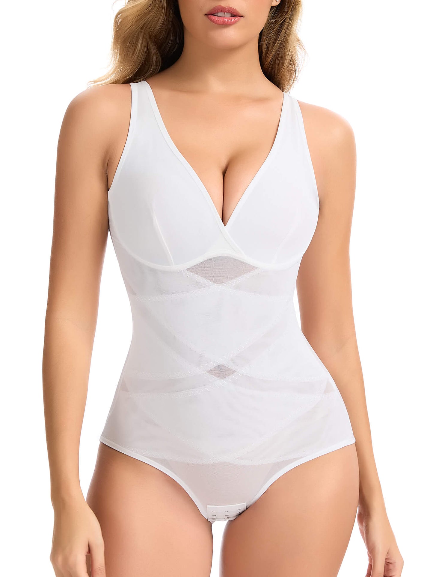 MANIFIQUE Shapewear for Women Tummy Control Bodysuit Faja Body Shaper Waist Trainer V Neck Body Suit with Built in Bra