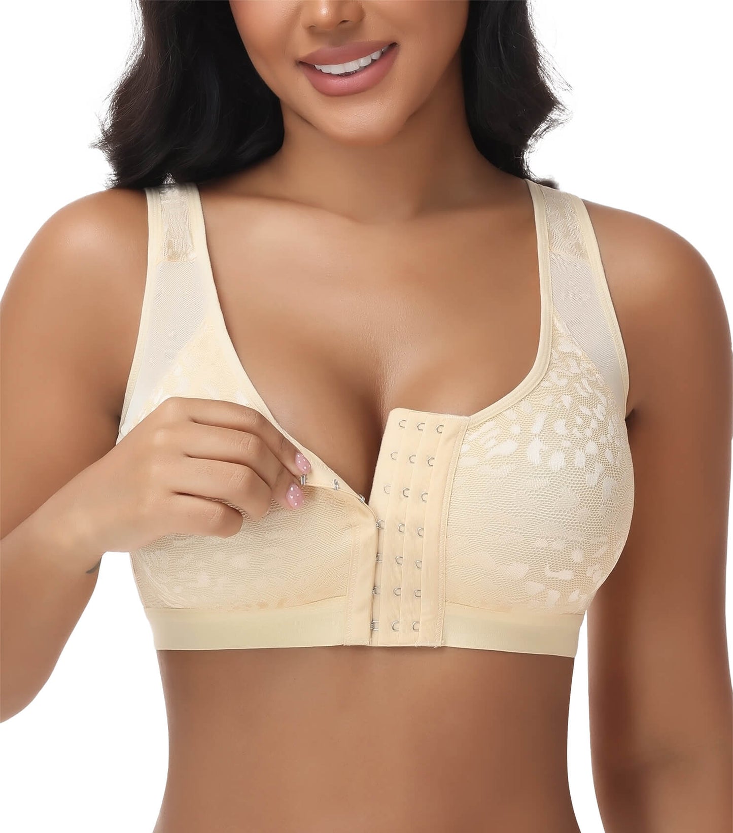 MANIFIQUE Women's Full Figure Front Closure Wirefree Jacquard Back Support Posture Bra