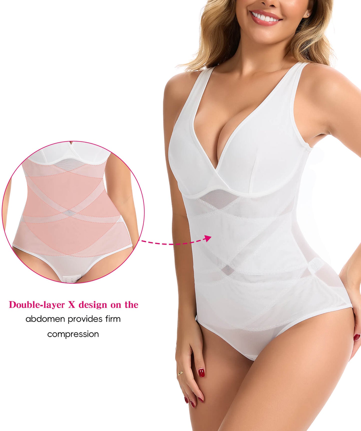 MANIFIQUE Shapewear for Women Tummy Control Bodysuit Faja Body Shaper Waist Trainer V Neck Body Suit with Built in Bra