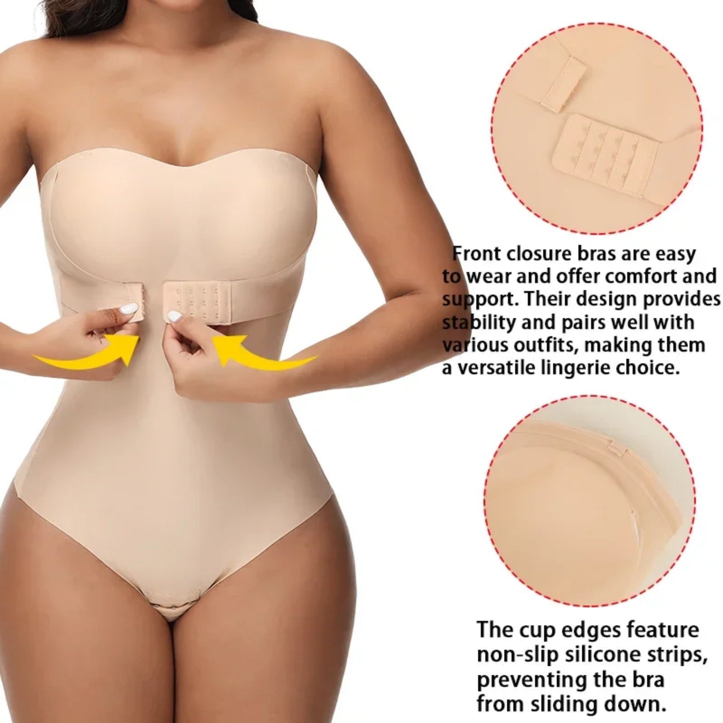 MISS COCOLI Strapless Shapewear Bodysuits for Women with Built in Bra Removable Tummy Control Shapewear Thong Sculpting Body Shaper