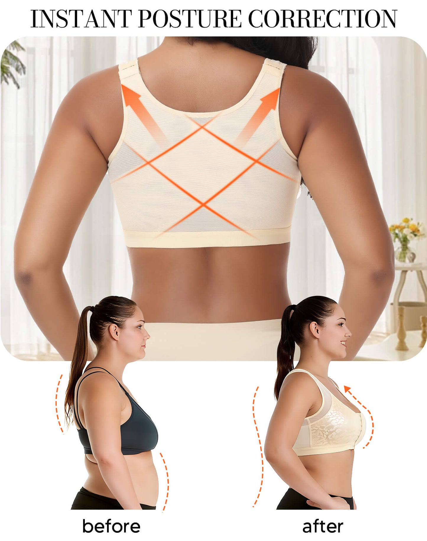 MANIFIQUE Women's Full Figure Front Closure Wirefree Jacquard Back Support Posture Bra