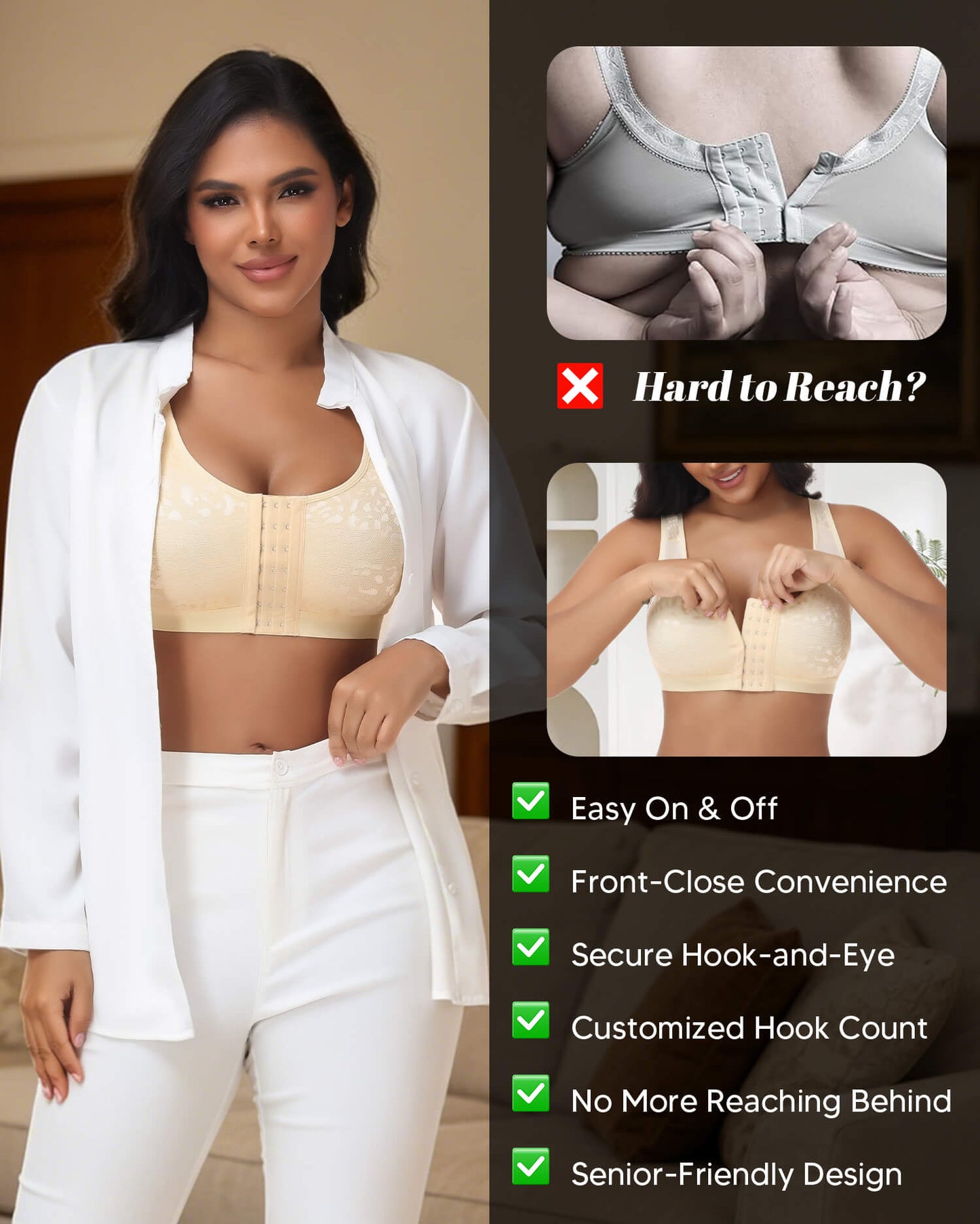 MANIFIQUE Women's Full Figure Front Closure Wirefree Jacquard Back Support Posture Bra