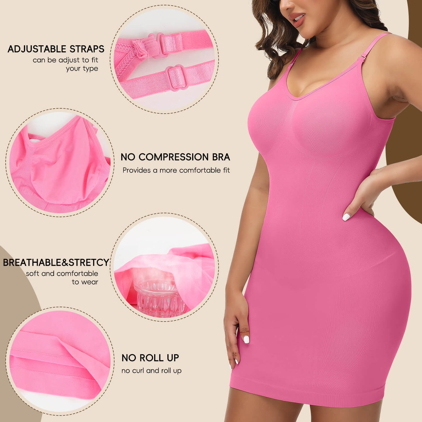 MANIFIQUE Women Shapewear Dress Full Slip Tummy Control Body Shaper V Neck Adjustable Spaghetti Strap
