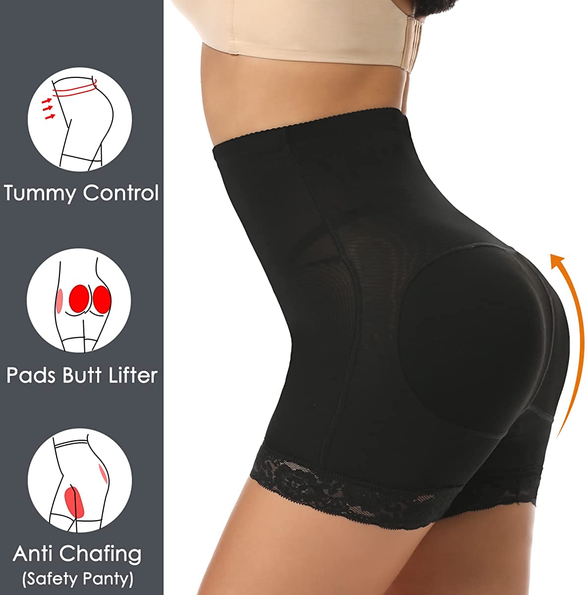 Vaslanda Women Butt Lifter Padded Panties Lace Hip Enhancer Underwear Seamless Booty Shorts