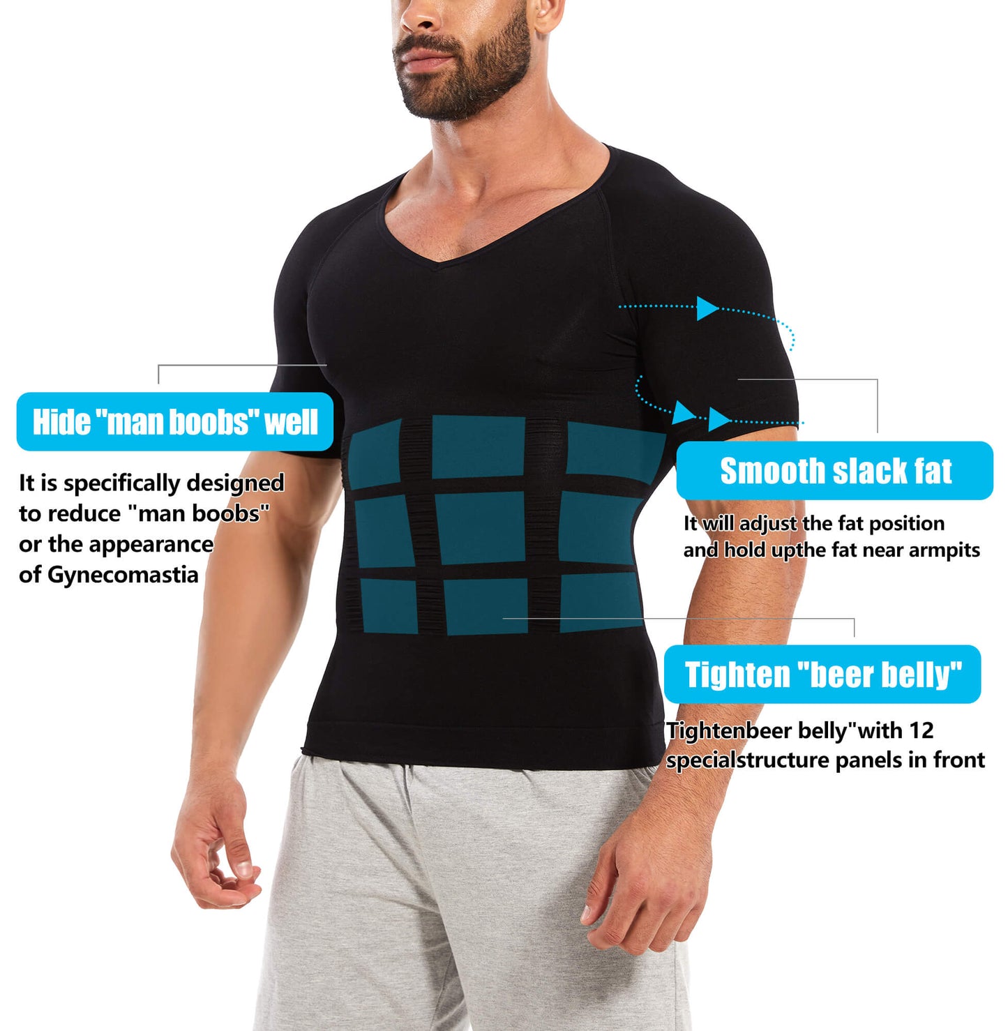 MANIFIQUE Gynecomastia Compression Shirts for Men, Shapewear Slimming Body Shaper Undershirt, V-Neck Baselayer T-Shirt Workout