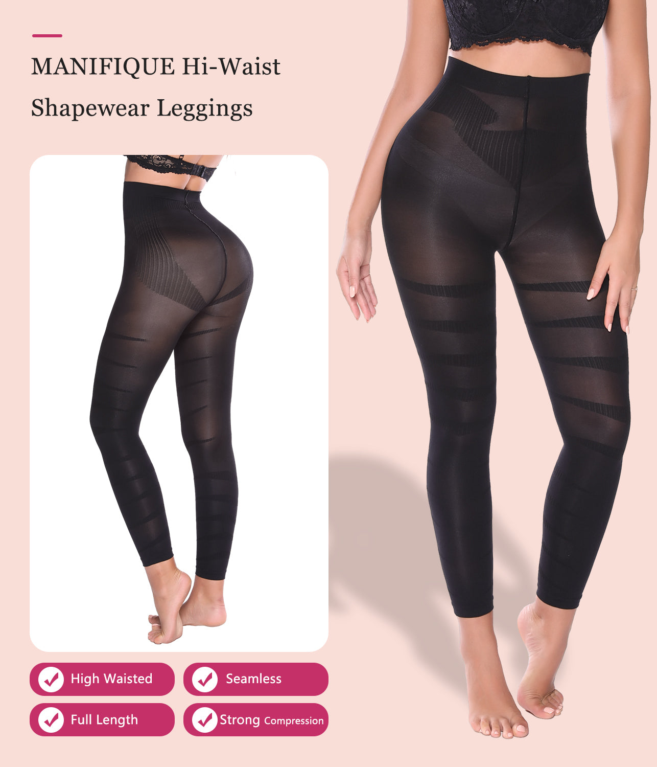 MANIFIQUE 2 Pieces Compression Leggings for Women Tummy Control Butt Lifting Shapewear High Waist Thigh Slimmer Pants Body Shaper