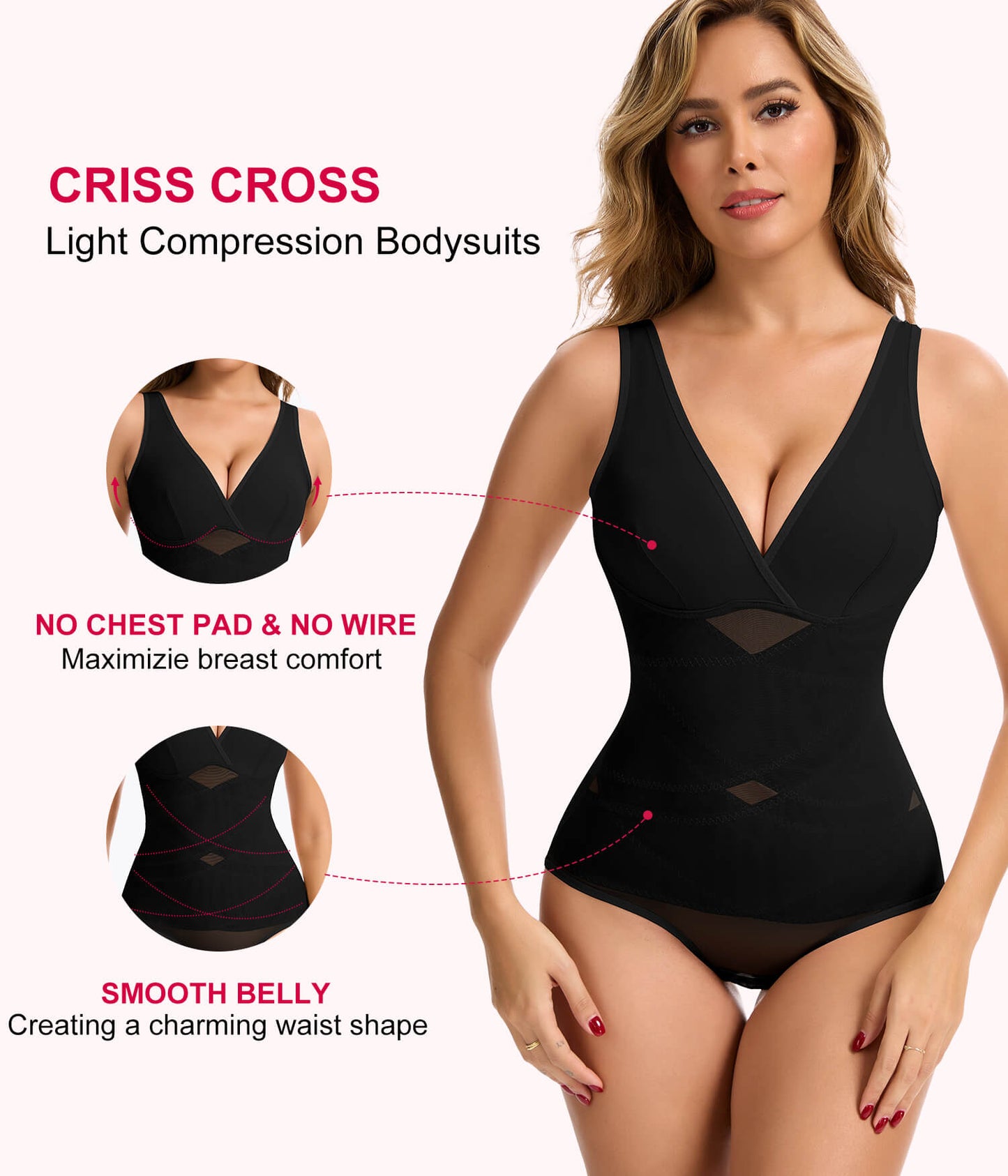 Vaslanda Shapewear Bodysuits for Women Tummy Control Faja Body Shaper Waist Trainer V Neck Body Suit with Built in Bra