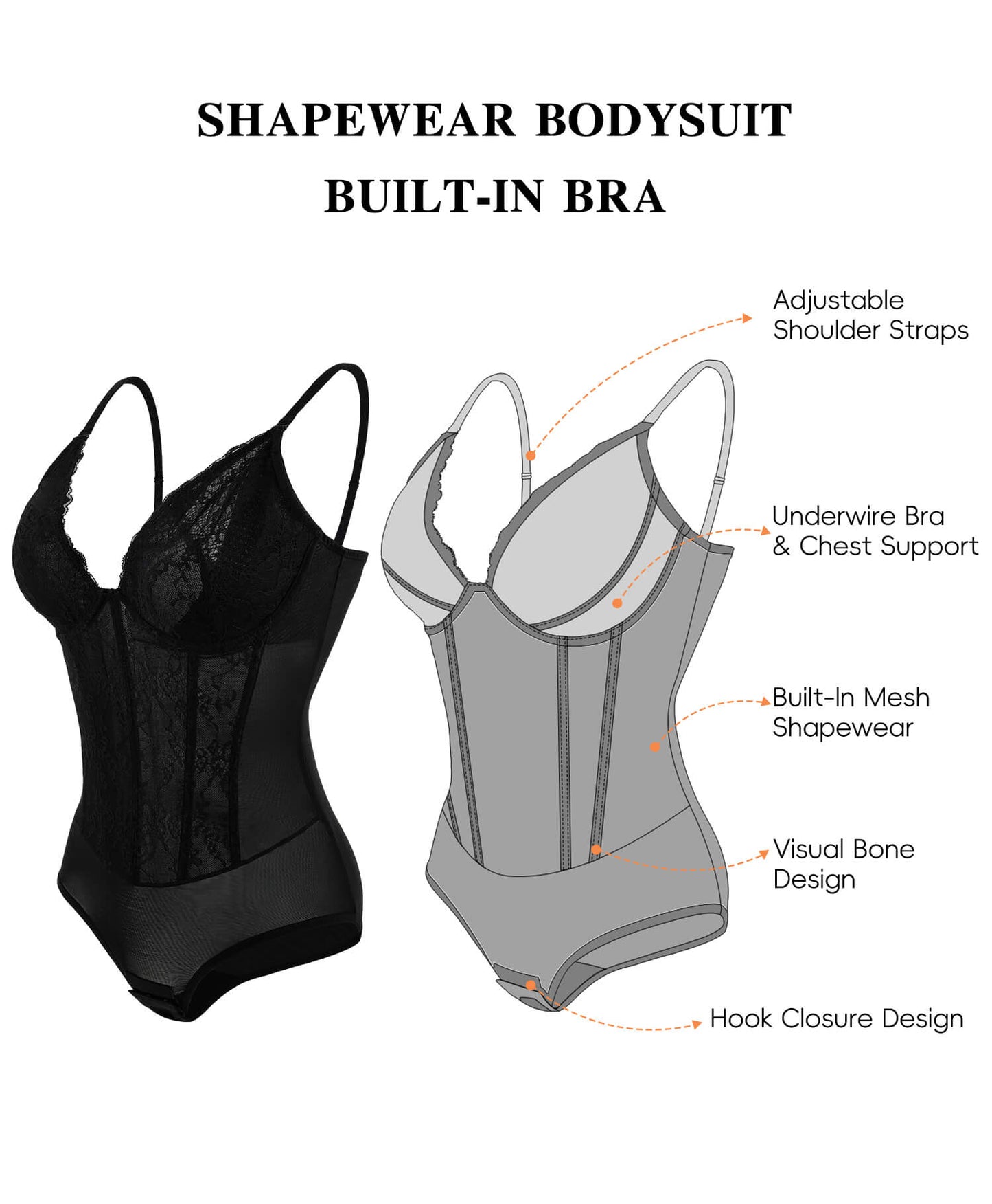 MANIFIQUE Corset Bodysuit Built in Bra - V Neck Bodysuits for Women Tummy Control Shapewear
