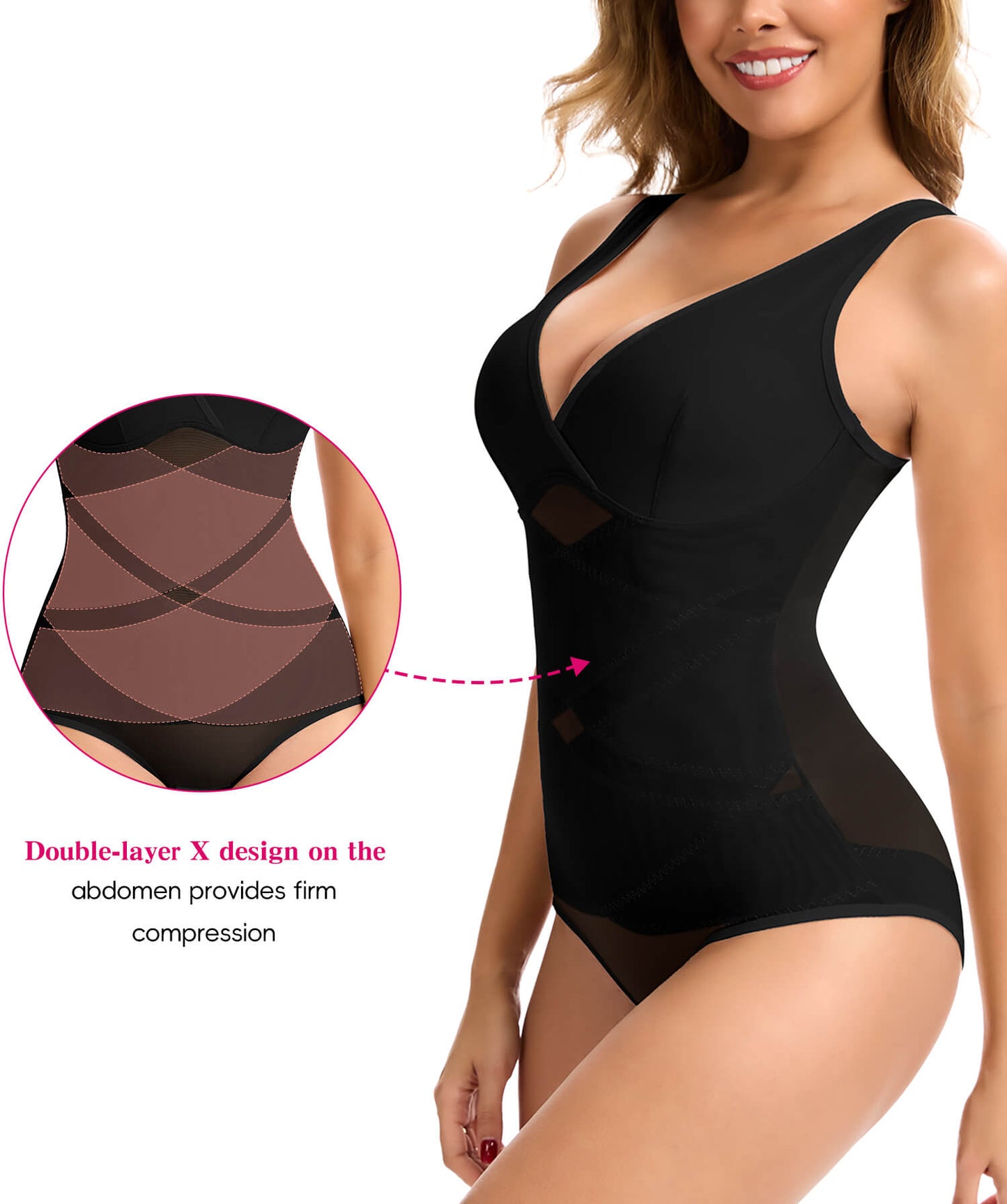 MANIFIQUE Shapewear for Women Tummy Control Bodysuit Faja Body Shaper Waist Trainer V Neck Body Suit with Built in Bra