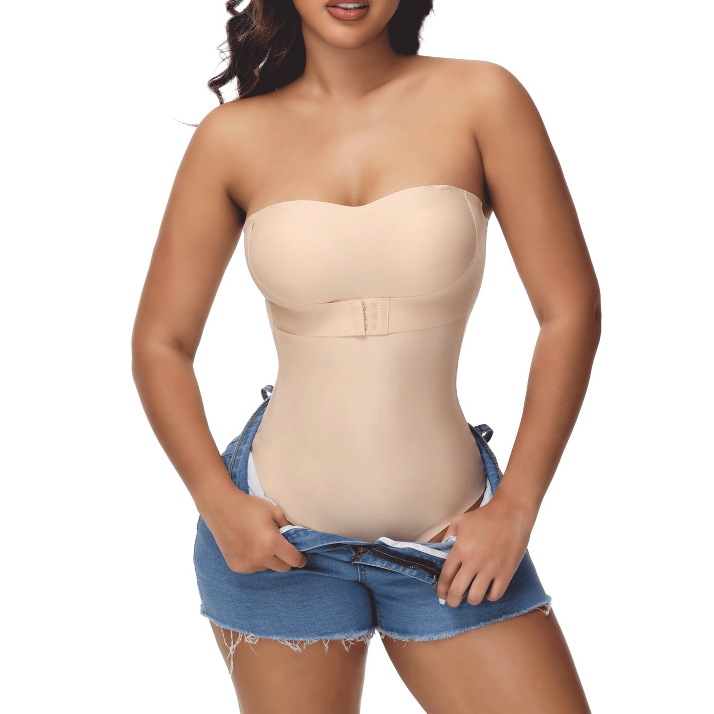 MISS COCOLI Strapless Shapewear Bodysuits for Women with Built in Bra Removable Tummy Control Shapewear Thong Sculpting Body Shaper