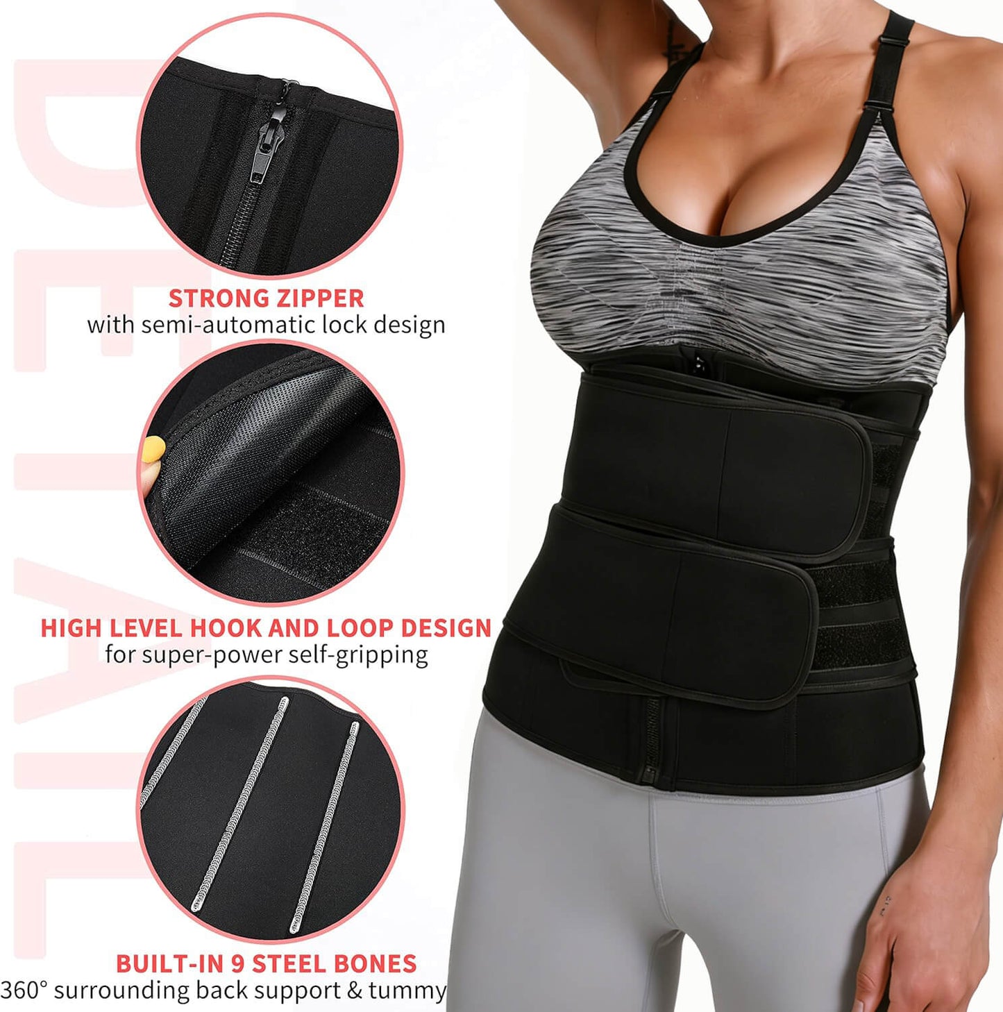 MANIFIQUE Waist Trainer for Women Belly Band Long Torso Sauna Workout 2 Belt With Zipper 9 Steel Bones Corset
