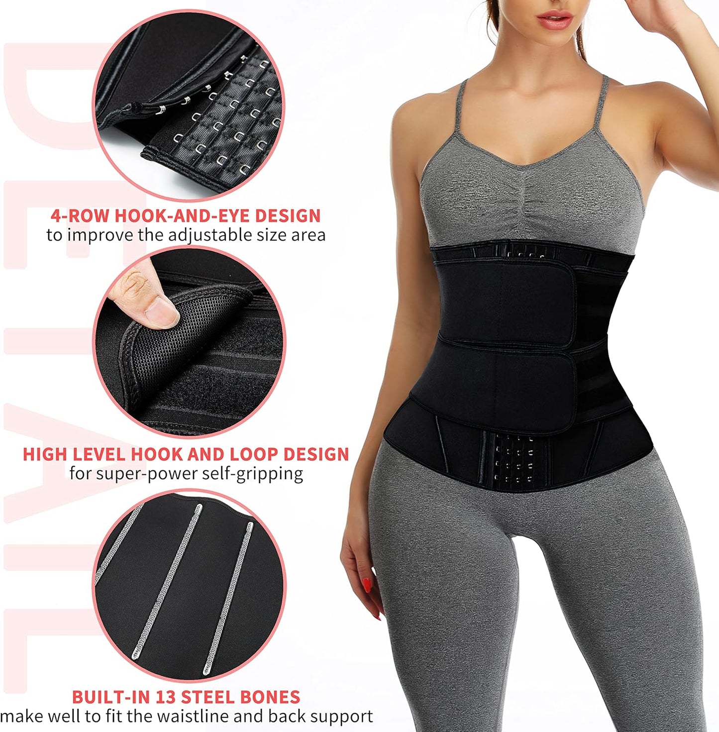 MANIFIQUE Waist Trainer for Women Shapewear Tummy Control Neoprene Workout 2 Belt With Hook 13 Steel Bones for Postpartum Gym
