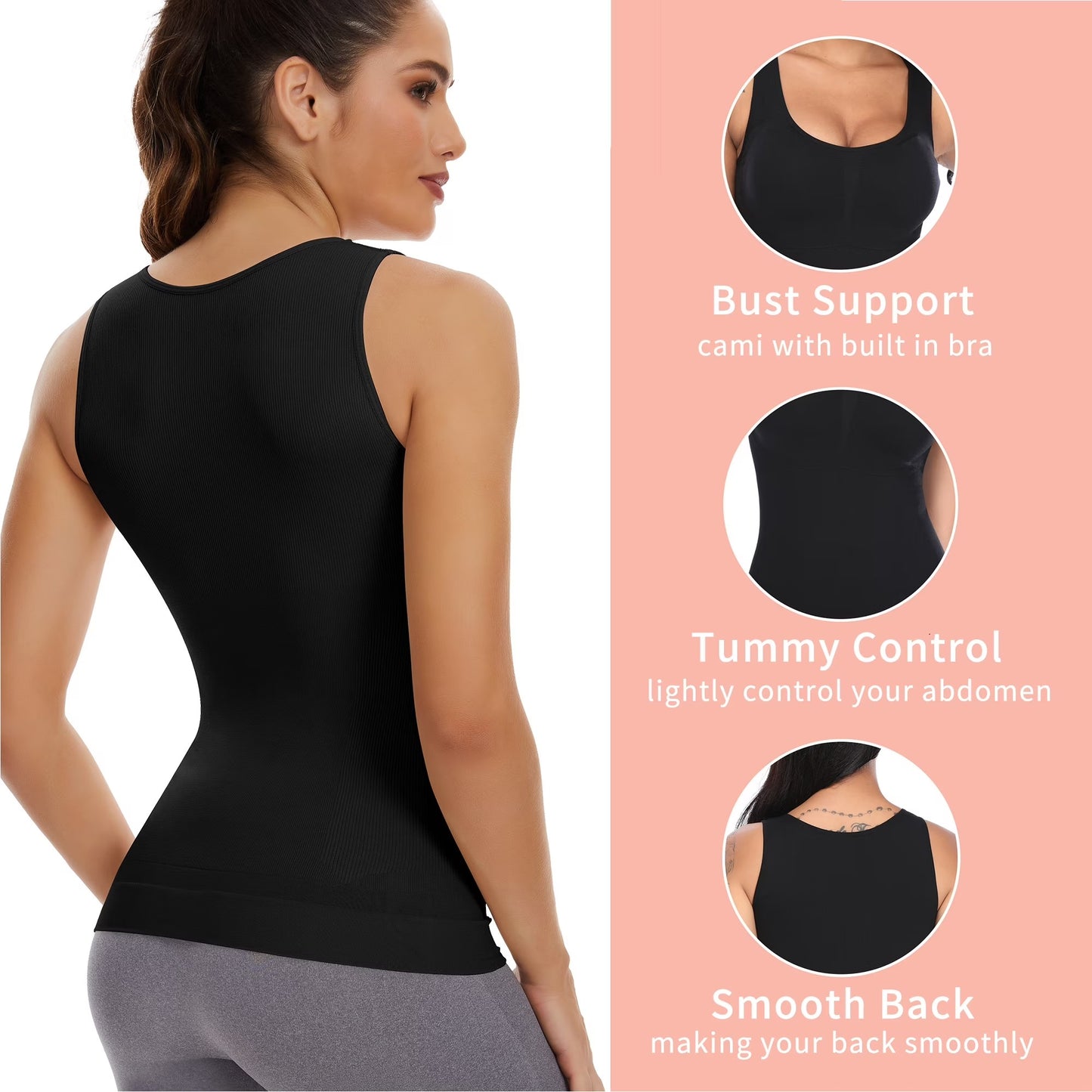 COMFREE Shapewear Camisoles with Built in Bra Tummy Control Compression Tank Tops for Women Body Shaper Padded Tanks