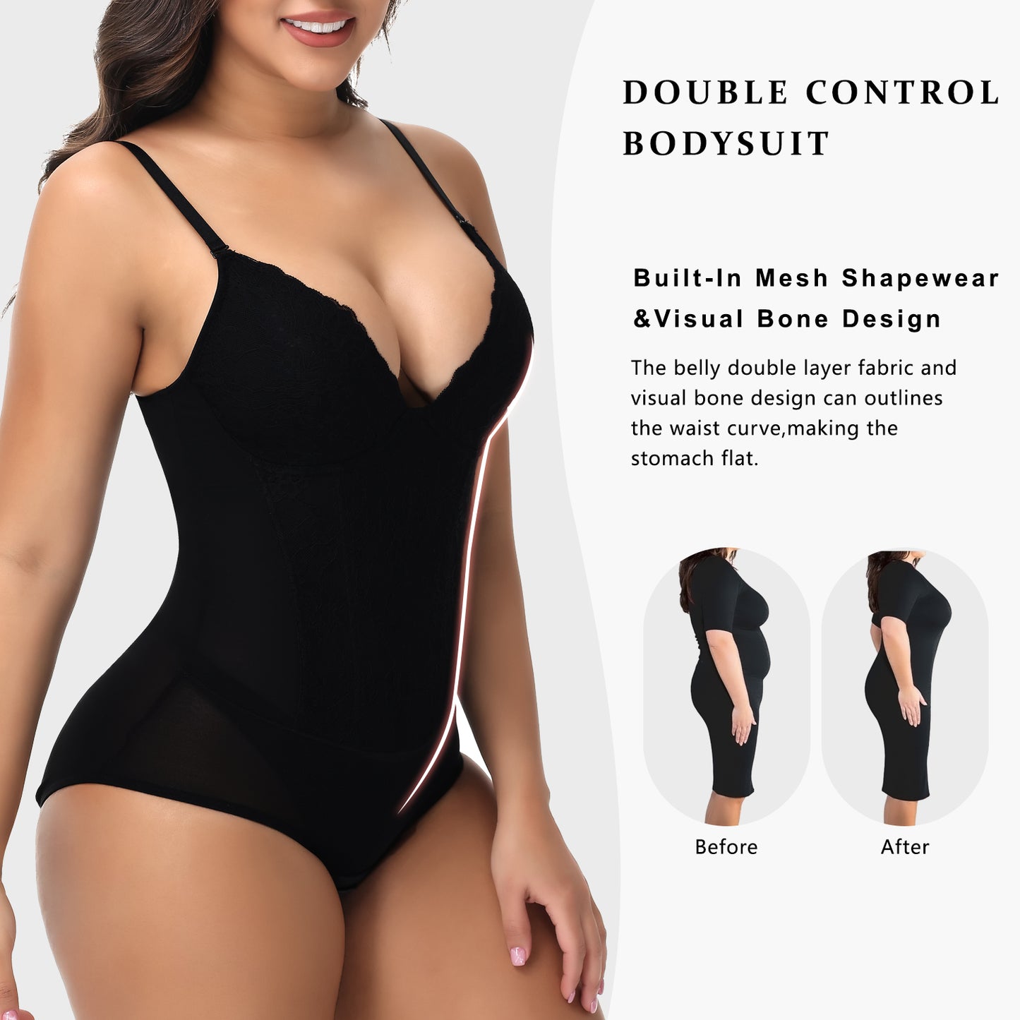MANIFIQUE Corset Bodysuit Built in Bra - V Neck Bodysuits for Women Tummy Control Shapewear