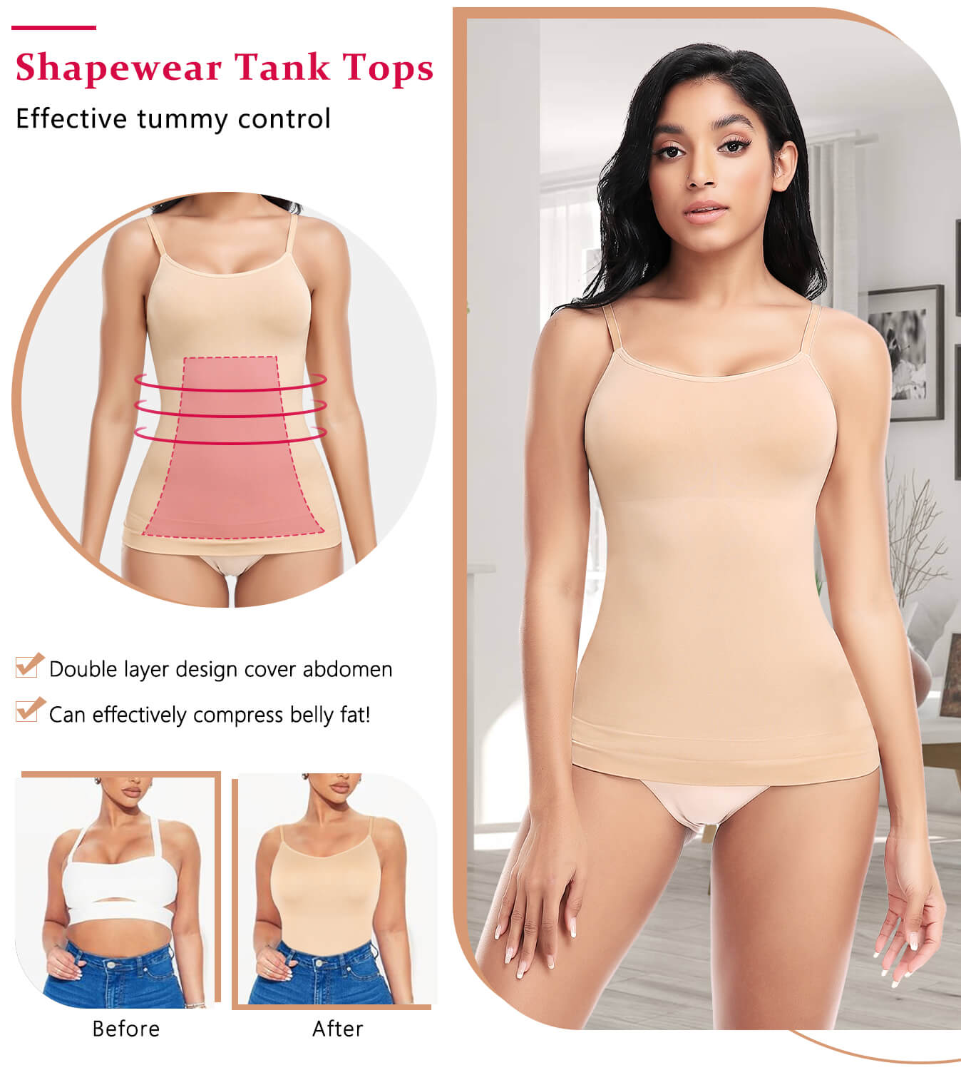 MANIFIQUE 2 Pack Compression Tank Cami - Tummy and Waist Control Body Shapewear Camisole for Women
