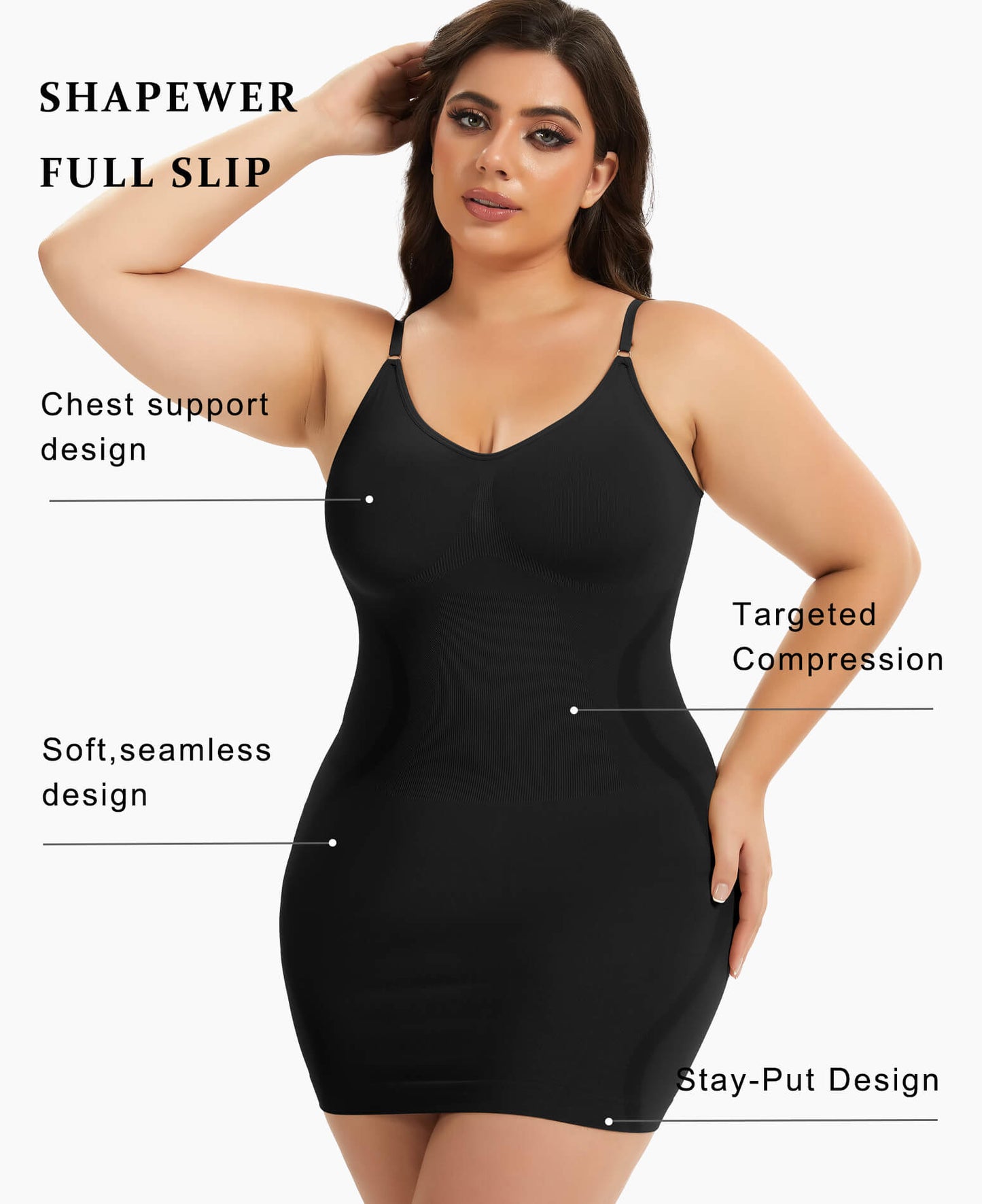 MANIFIQUE Plus Size Shapewear Slip Dress for Women Under Dress Seamless Tummy Control Smoothing V-Neck Cami Dress