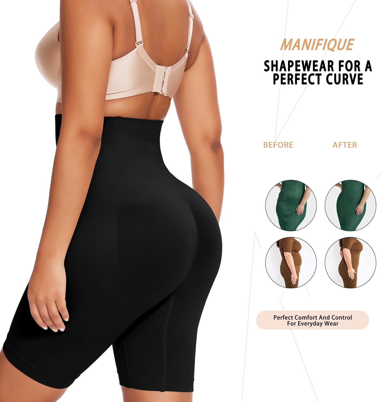 MANIFIQUE Shapewear for Women Tummy Control, High Waisted Faja Body Shaper Shorts Thigh Slimmer Girdle