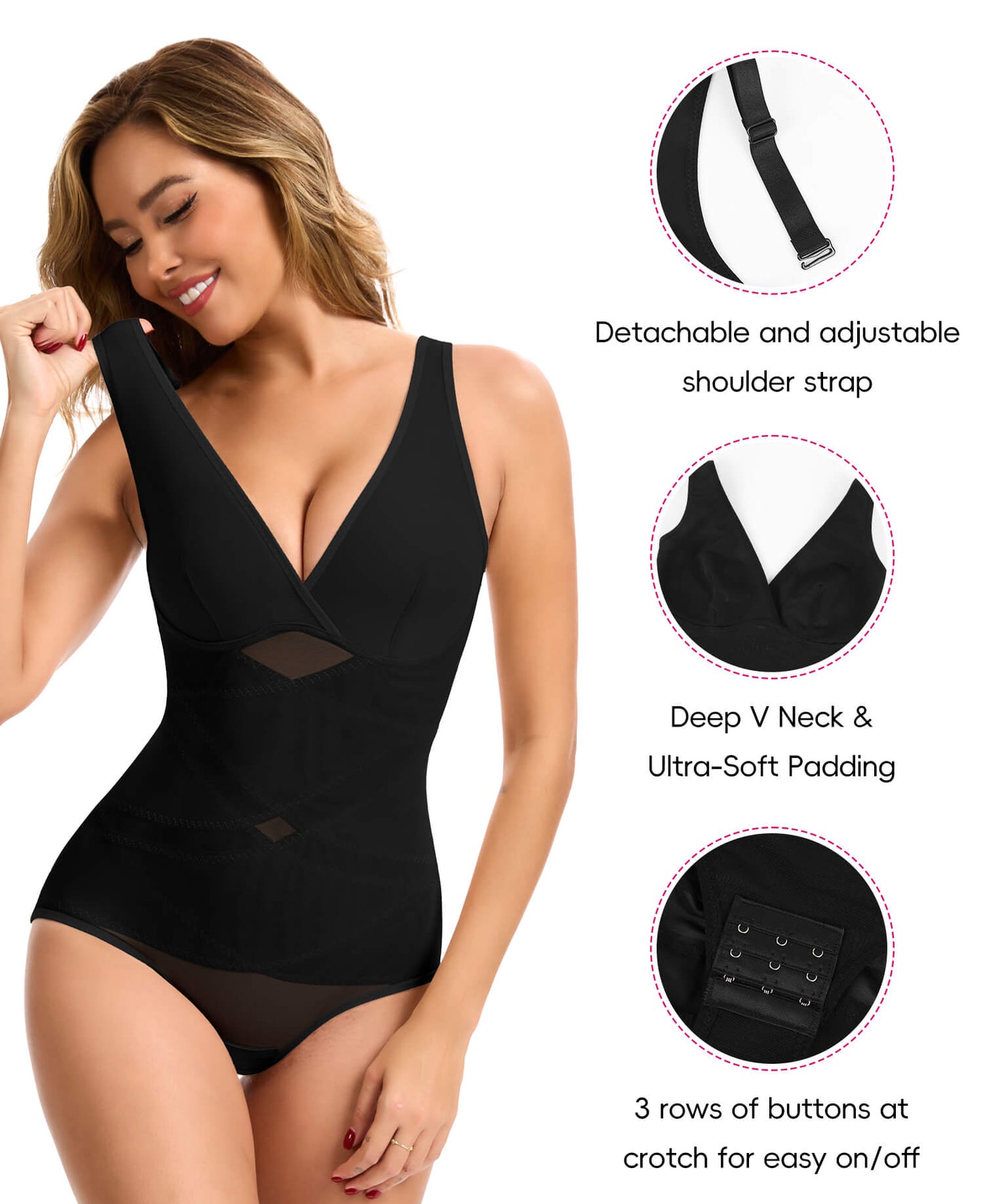 MANIFIQUE Shapewear for Women Tummy Control Bodysuit Faja Body Shaper Waist Trainer V Neck Body Suit with Built in Bra