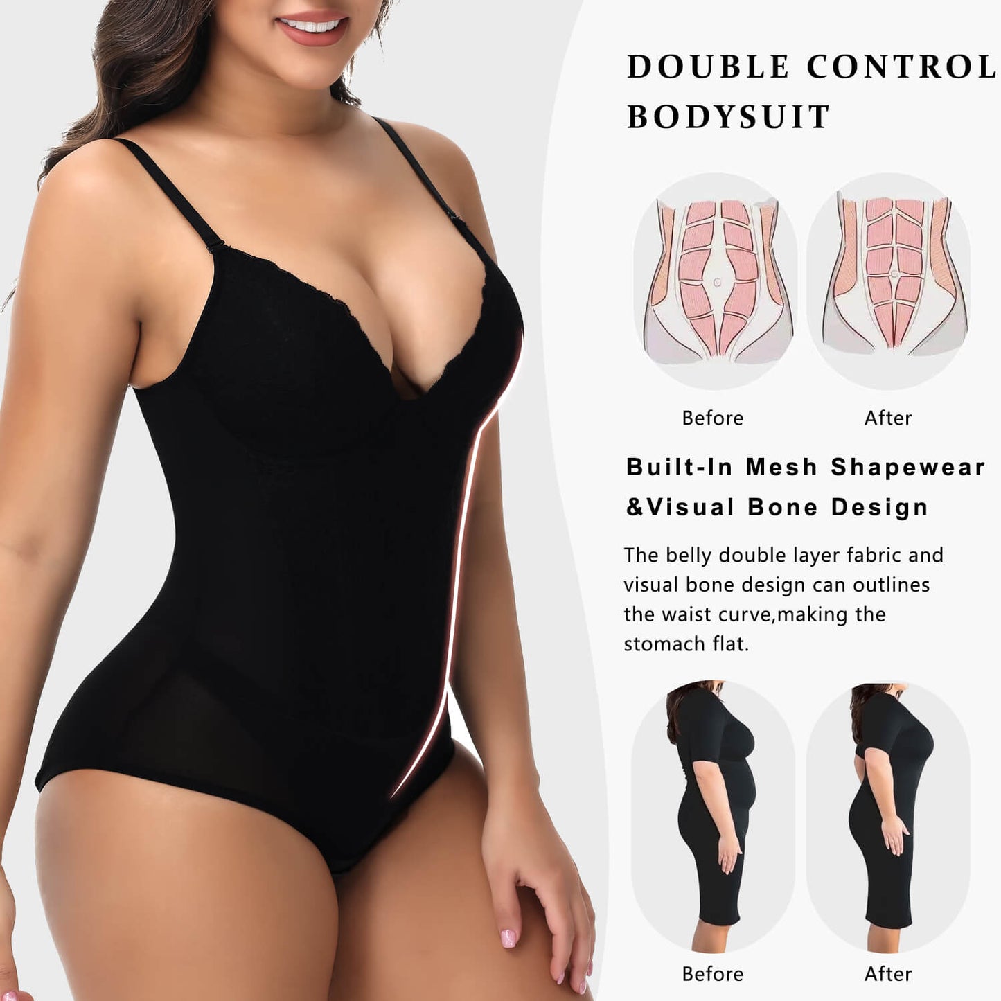 MANIFIQUE Corset Bodysuit Built in Bra - V Neck Bodysuits for Women Tummy Control Shapewear