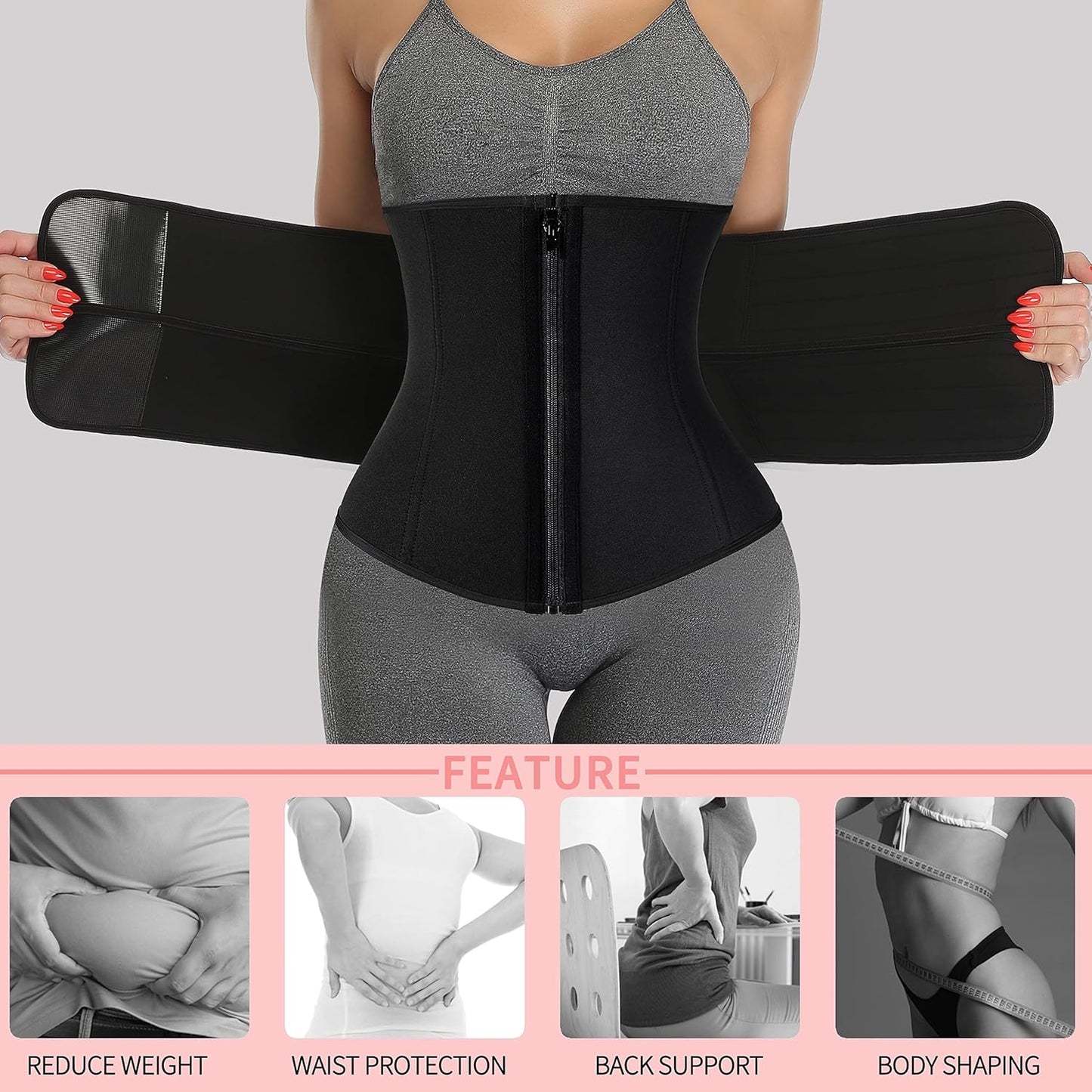 MANIFIQUE Waist Trainer for Women Belly Band Long Torso Sauna Workout 2 Belt With Zipper 9 Steel Bones Corset