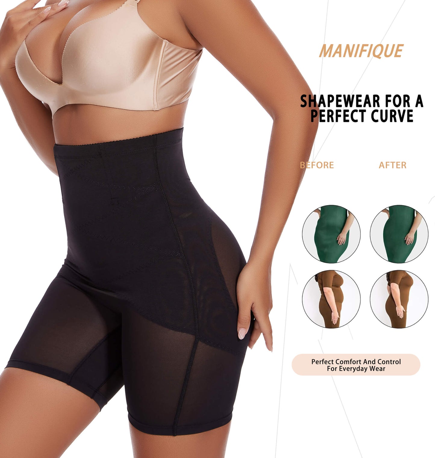 MANIFIQUE Shapewear for Women Tummy Control, High Waisted Body Shaper Shorts Butt Lifting Panties Thigh Slimmer Girdle