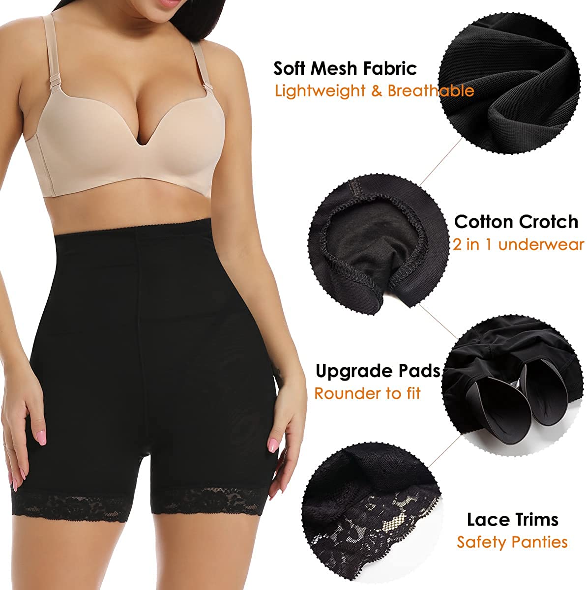 Vaslanda Women Butt Lifter Padded Panties Lace Hip Enhancer Underwear Seamless Booty Shorts