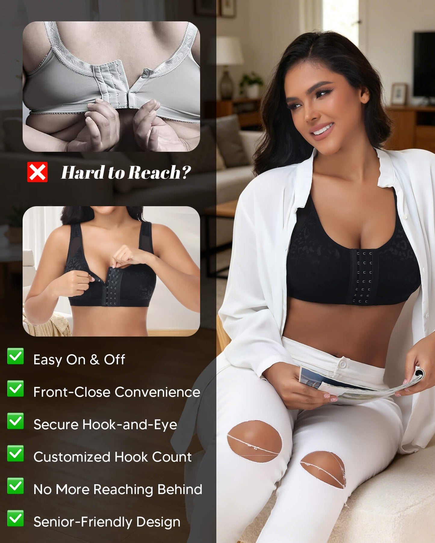 MANIFIQUE Women's Full Figure Front Closure Wirefree Jacquard Back Support Posture Bra