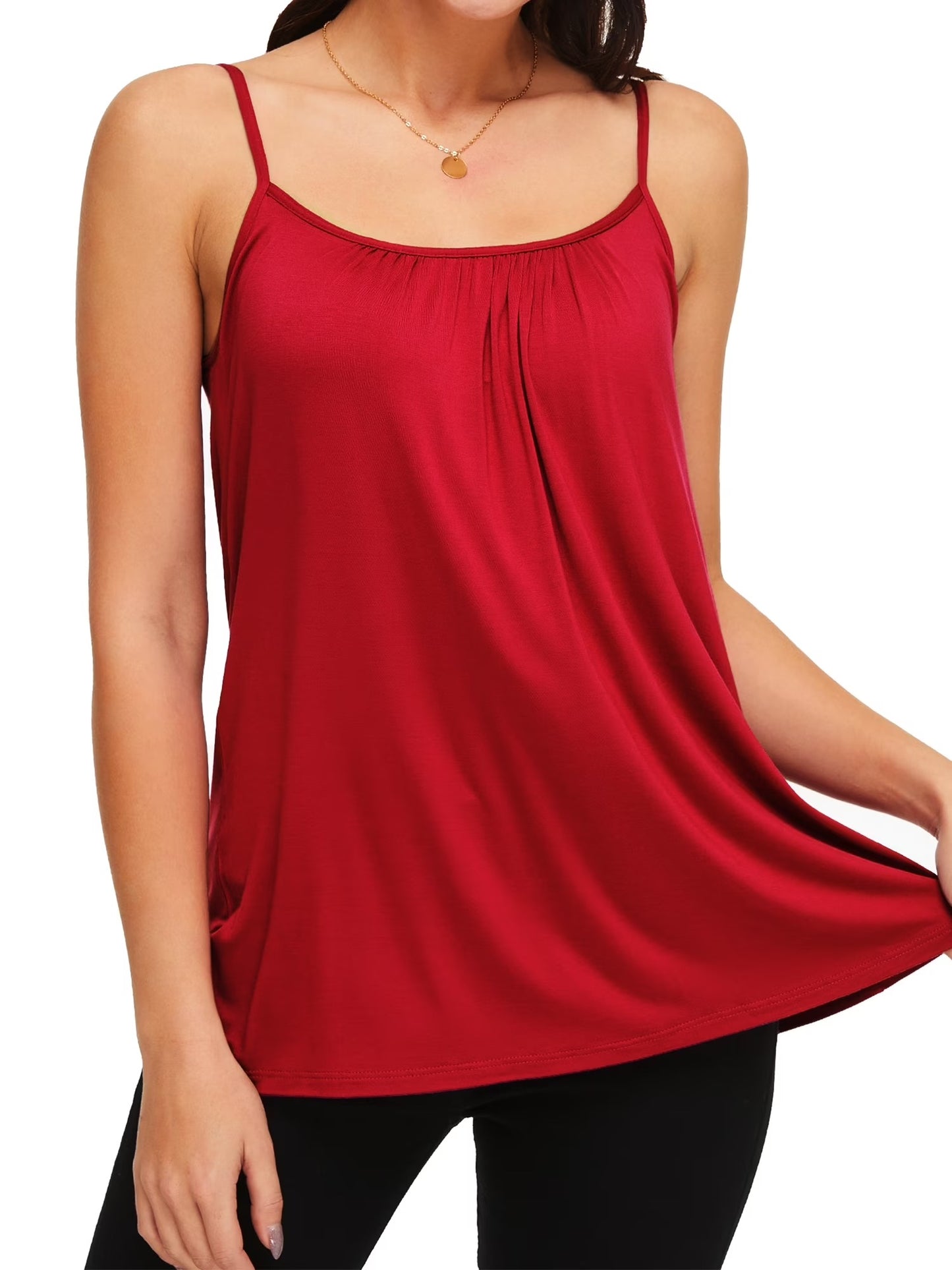 QRIC Women's Basic Solid Cami with Built-in Shelf Bra Flowy Swing Pleated Camisole With Adjustable Straps (S-4XL)